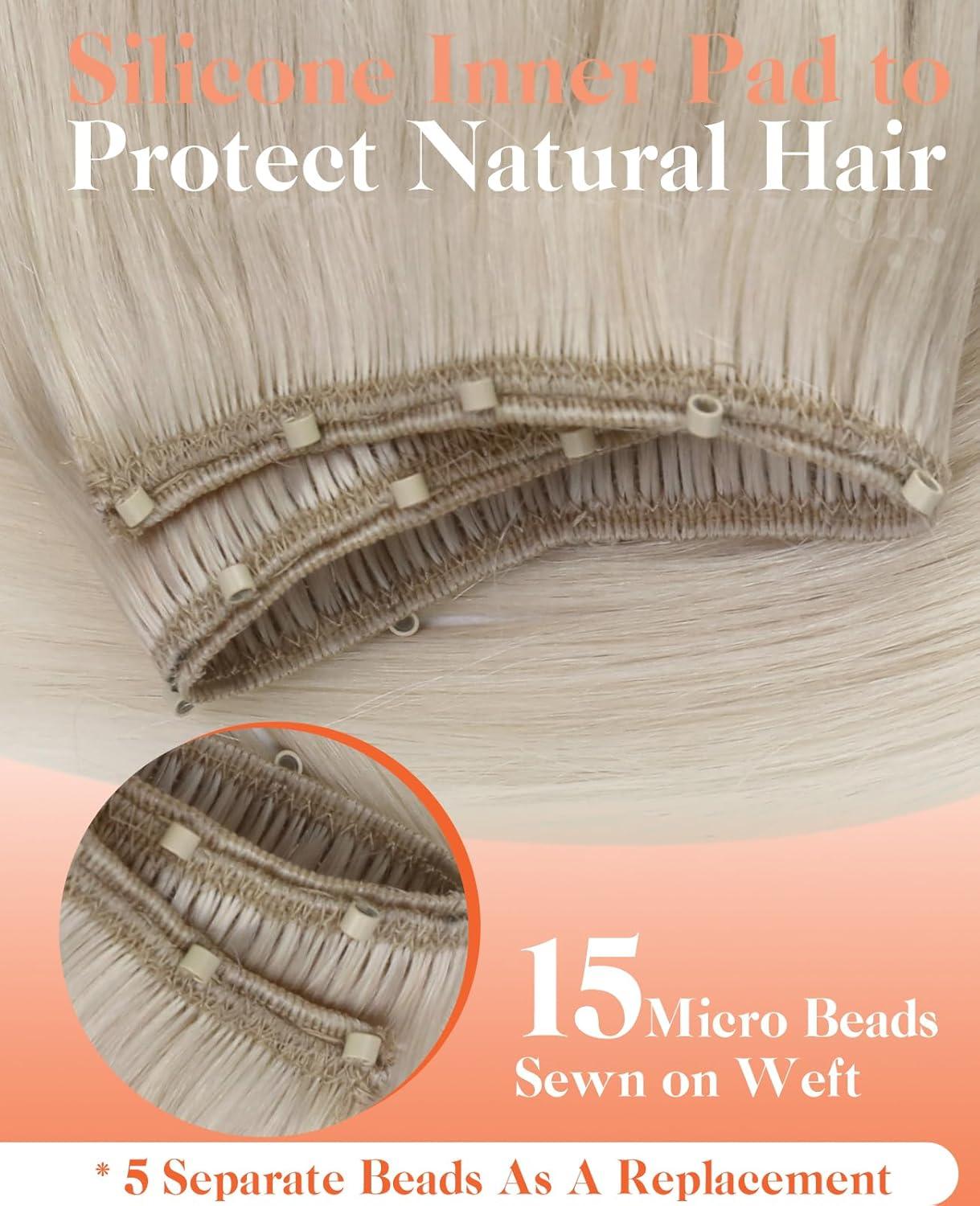 imageSunny Hair Micro Bead Weft Extensions Real Human Hair Ash Blond MicroBeaded Weft Human Hair Extensions Blonde Highlights Bleach Blonde Real Human Hair for Women 20inch 50gB60Blonde