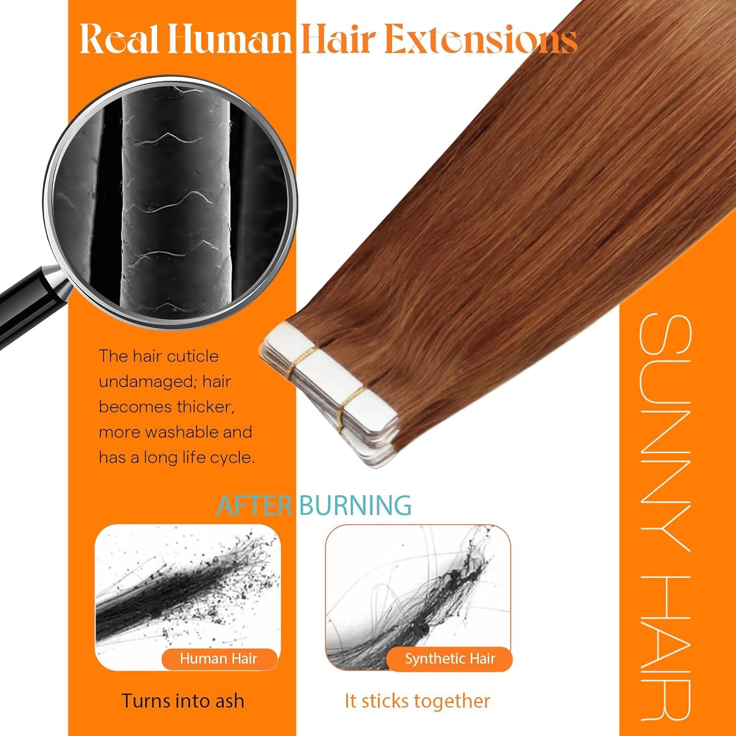 imageSunny Hair Tape in Hair Extensions Real Human Hair Invisible Remy Hair Extensions Tape ins for Women Copper Red 20 inch 20Pcs 50G