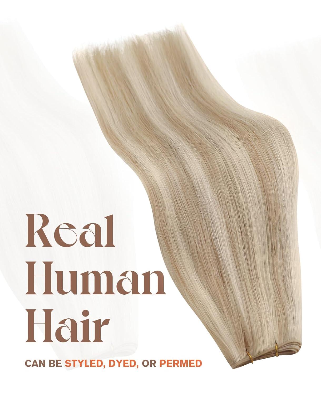 imageSunny Hair Weft Hair Extensions Human Hair 18inch Sew in Hair Extensions Real Human Hair Highlights Human Hair Weft Extensions Dark Brown Mix Caramel Blonde Natural Hair Weft for Women 100gB18613Ash Blonde Highlights
