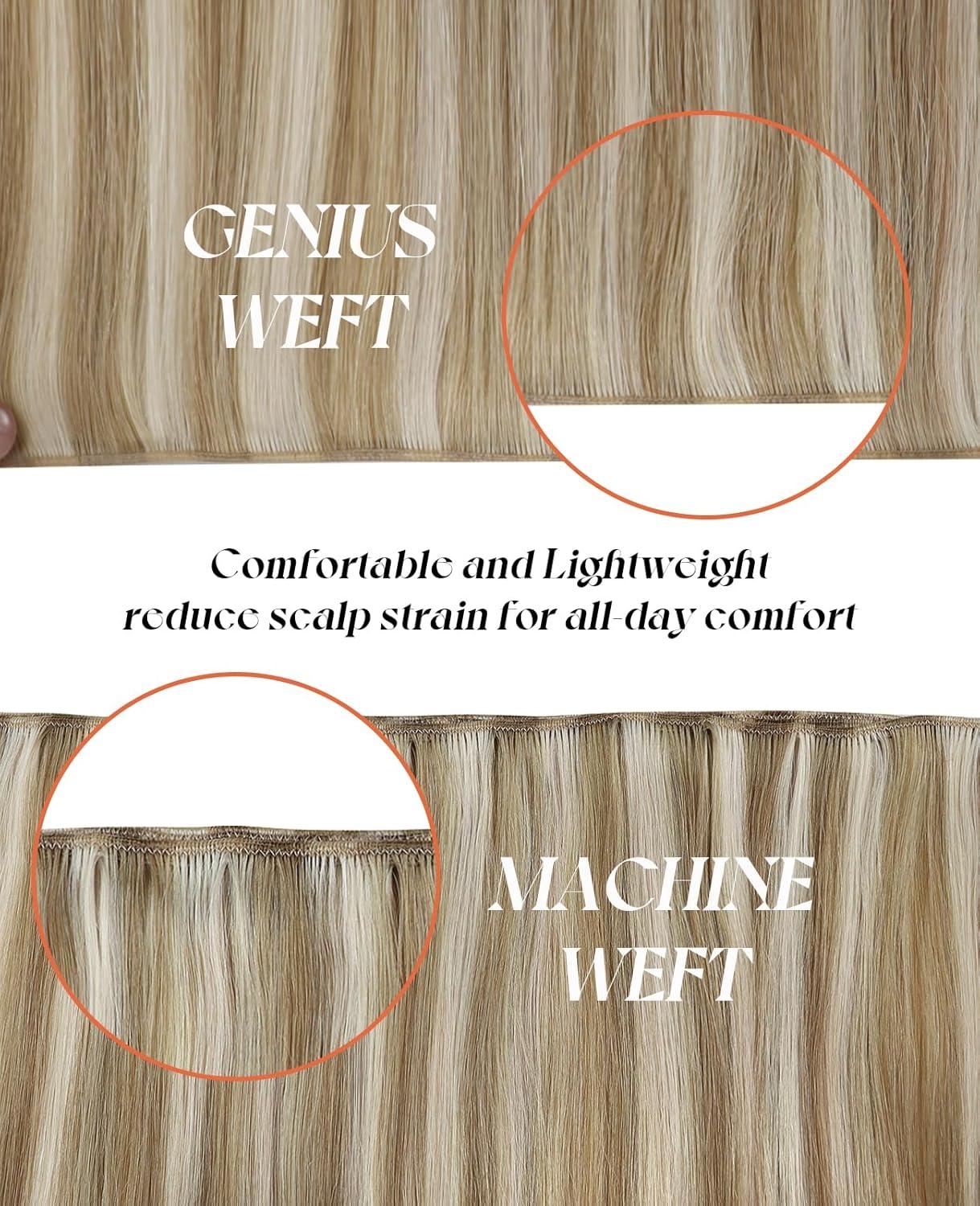 imageSunny Hair Weft Hair Extensions Human Hair 18inch Sew in Hair Extensions Real Human Hair Highlights Human Hair Weft Extensions Dark Brown Mix Caramel Blonde Natural Hair Weft for Women 100gB1622Golden Blonde Highlights