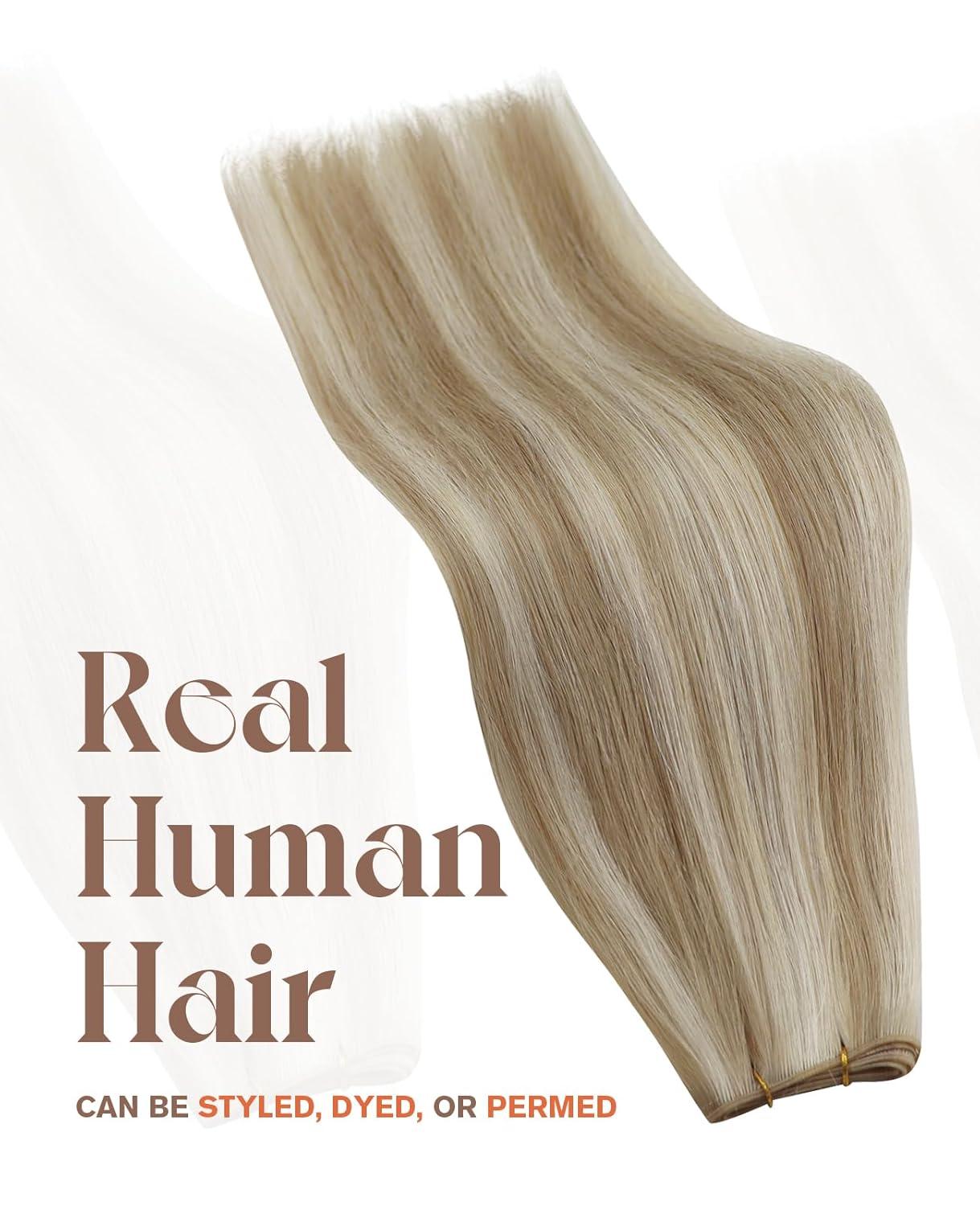 imageSunny Hair Weft Hair Extensions Human Hair 18inch Sew in Hair Extensions Real Human Hair Highlights Human Hair Weft Extensions Dark Brown Mix Caramel Blonde Natural Hair Weft for Women 100gB1622Golden Blonde Highlights