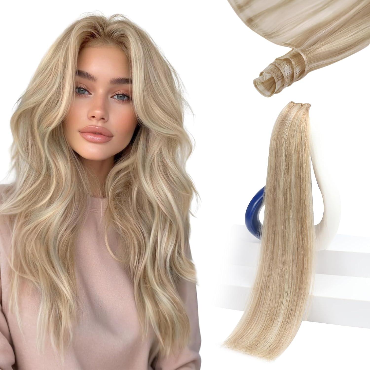 imageSunny Hair Weft Hair Extensions Human Hair 18inch Sew in Hair Extensions Real Human Hair Highlights Human Hair Weft Extensions Dark Brown Mix Caramel Blonde Natural Hair Weft for Women 100gB18613Ash Blonde Highlights