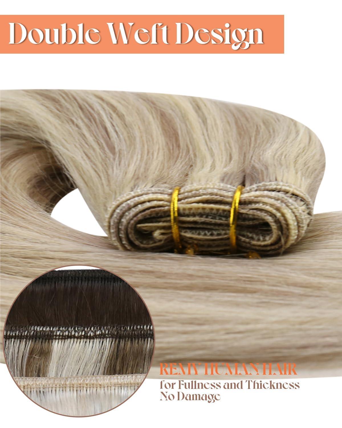 imageSunny Hair Weft Hair Extensions Human Hair 18inch Sew in Hair Extensions Real Human Hair Highlights Human Hair Weft Extensions Dark Brown Mix Caramel Blonde Natural Hair Weft for Women 100gB18613Ash Blonde Highlights