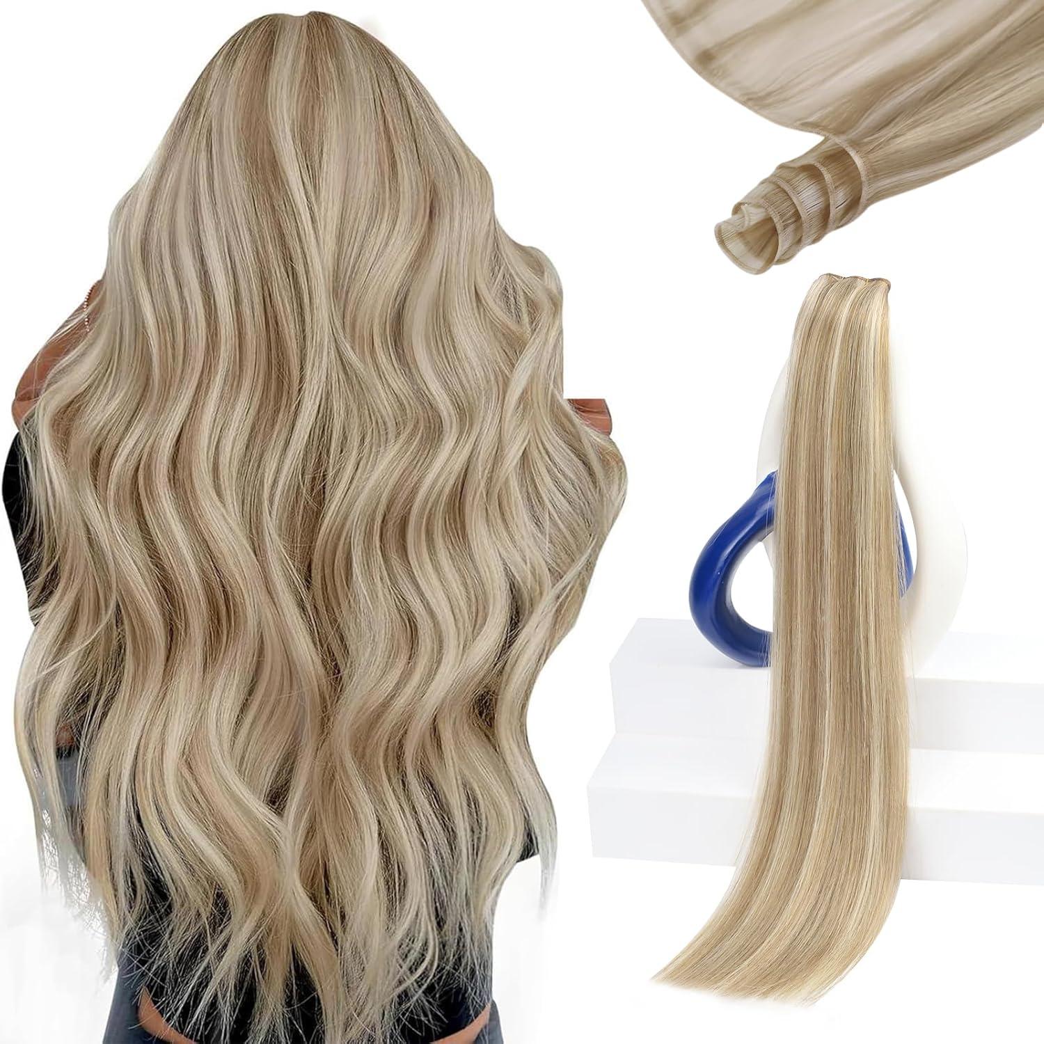imageSunny Hair Weft Hair Extensions Human Hair 18inch Sew in Hair Extensions Real Human Hair Highlights Human Hair Weft Extensions Dark Brown Mix Caramel Blonde Natural Hair Weft for Women 100gB1622Golden Blonde Highlights
