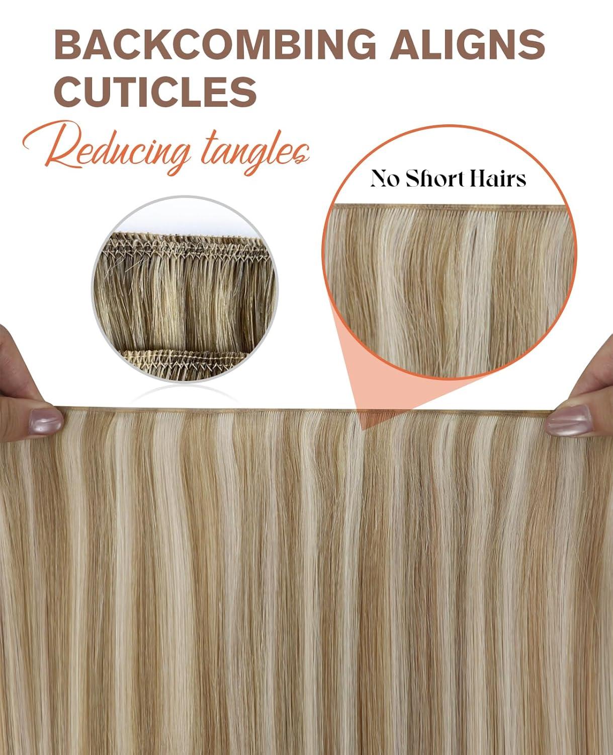 imageSunny Hair Weft Hair Extensions Human Hair 18inch Sew in Hair Extensions Real Human Hair Highlights Human Hair Weft Extensions Dark Brown Mix Caramel Blonde Natural Hair Weft for Women 100gB1622Golden Blonde Highlights