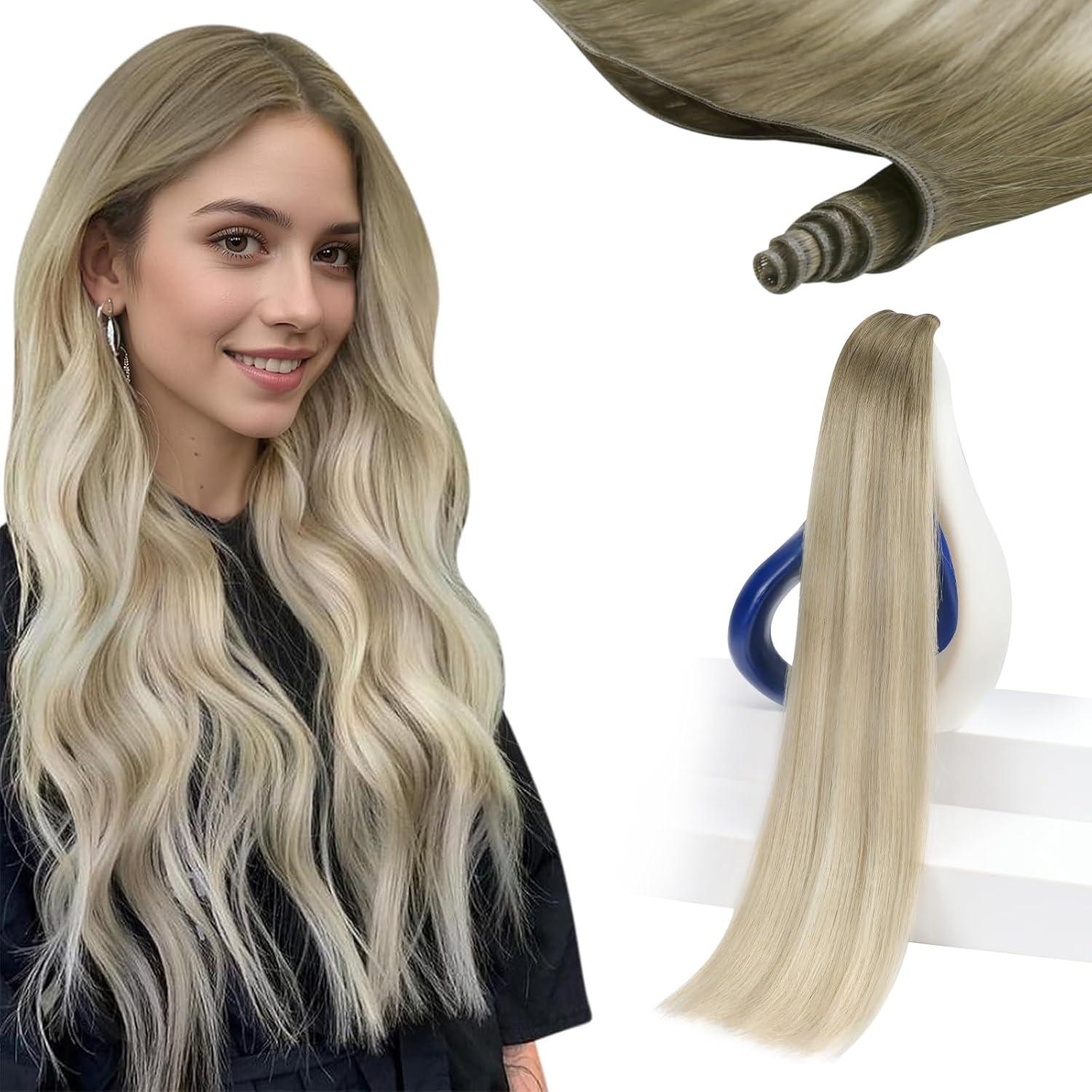 imageSunny Hair Weft Hair Extensions Human Hair 18inch Sew in Hair Extensions Real Human Hair Highlights Human Hair Weft Extensions Dark Brown Mix Caramel Blonde Natural Hair Weft for Women 100gCSun186060AAsh Blonde Ombre