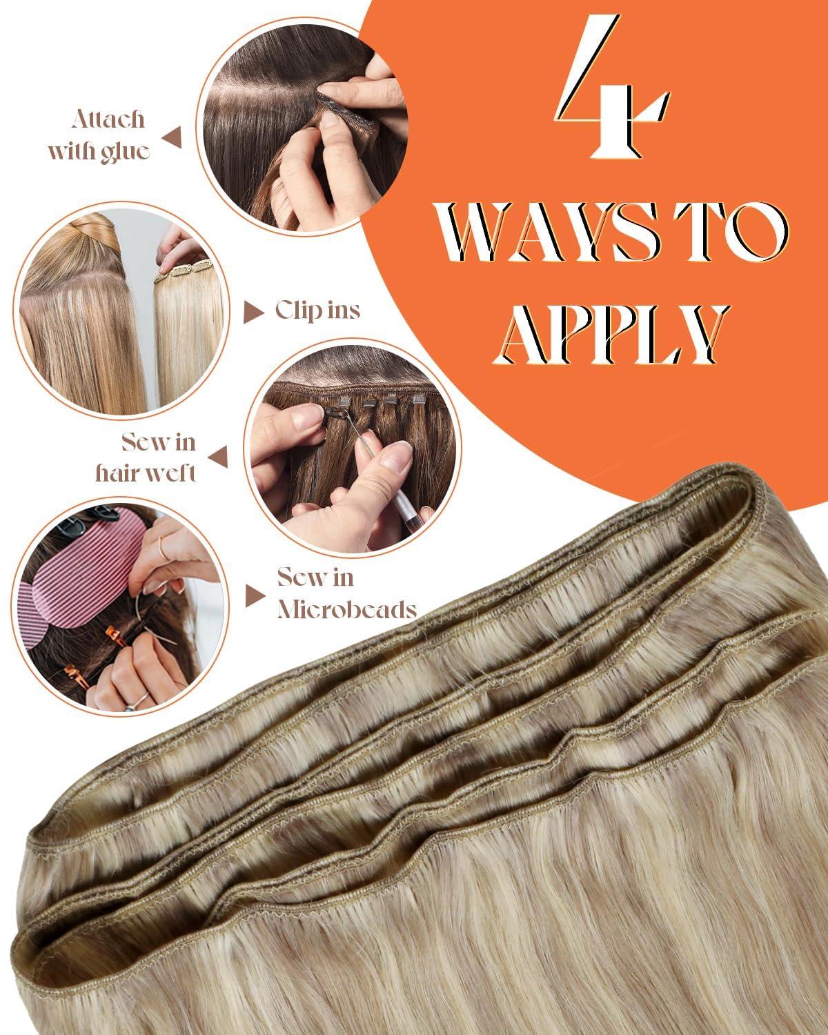 imageSunny Hair Weft Hair Extensions Human Hair 18inch Sew in Hair Extensions Real Human Hair Highlights Human Hair Weft Extensions Dark Brown Mix Caramel Blonde Natural Hair Weft for Women 100gB18613Ash Blonde Highlights