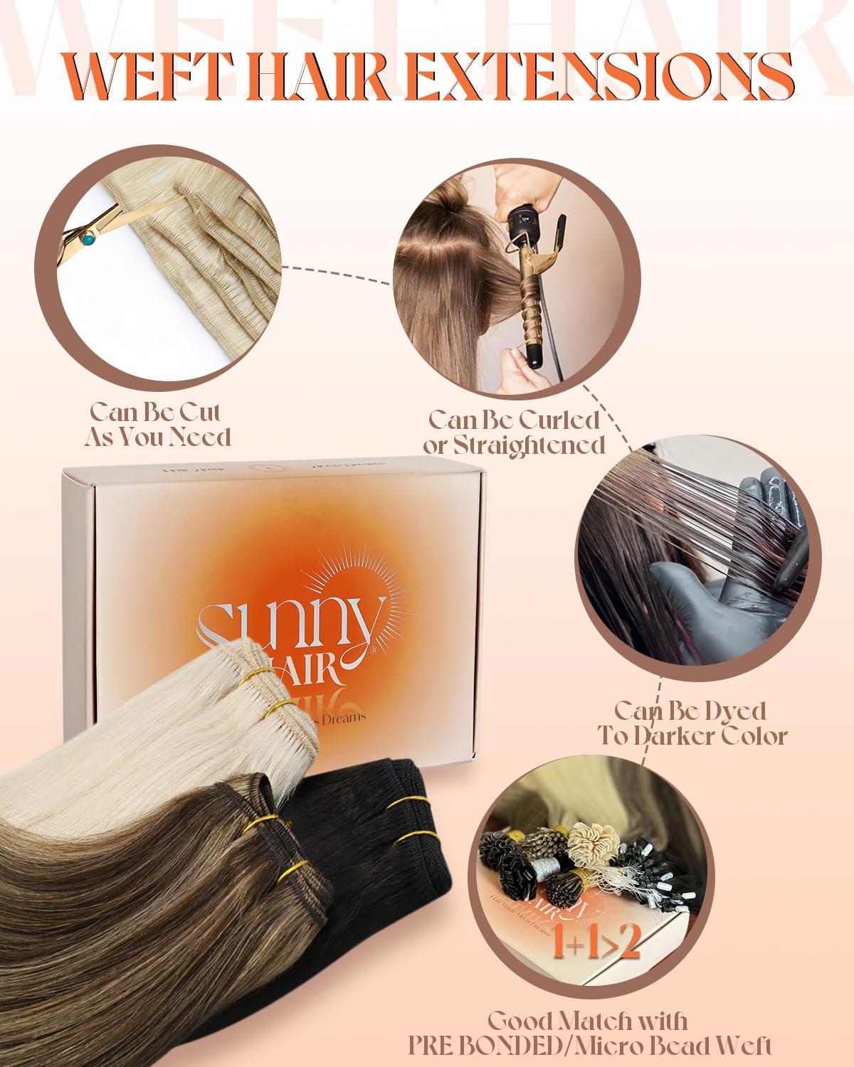 imageSunny Hair Weft Hair Extensions Human Hair 18inch Sew in Hair Extensions Real Human Hair Highlights Human Hair Weft Extensions Dark Brown Mix Caramel Blonde Natural Hair Weft for Women 100gC1BNatural Black