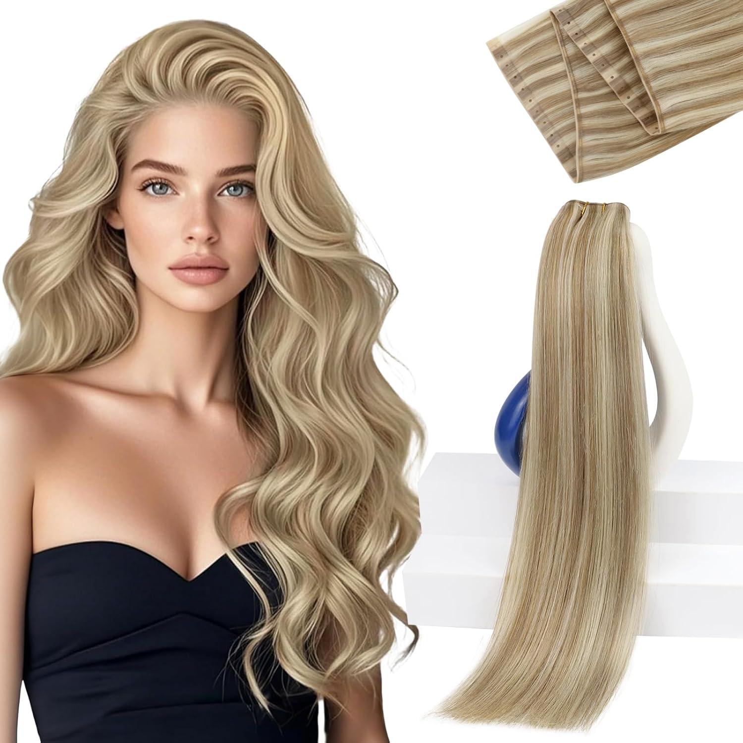 imageSunny Hair Weft Hair Extensions Human Hair 18inch Sew in Hair Extensions Real Human Hair Highlights Human Hair Weft Extensions Dark Brown Mix Caramel Blonde Natural Hair Weft for Women 100gB1622Golden Blonde Highlights