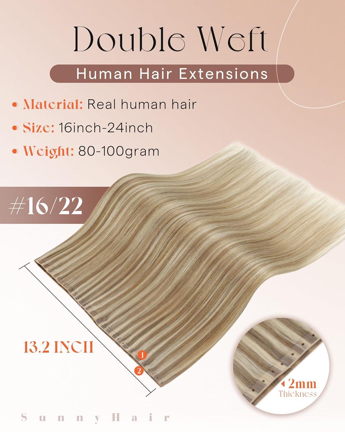 imageSunny Hair Weft Hair Extensions Human Hair 18inch Sew in Hair Extensions Real Human Hair Highlights Human Hair Weft Extensions Dark Brown Mix Caramel Blonde Natural Hair Weft for Women 100gB1622Golden Blonde Highlights