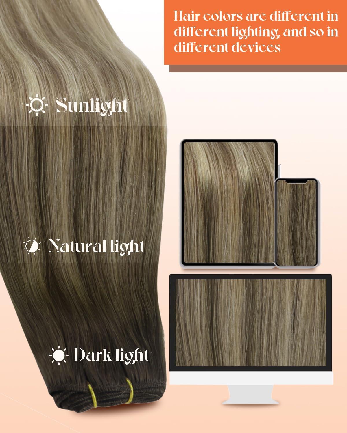 imageSunny Hair Weft Hair Extensions Human Hair 18inch Sew in Hair Extensions Real Human Hair Highlights Human Hair Weft Extensions Dark Brown Mix Caramel Blonde Natural Hair Weft for Women 100gC41460Dark Brown Roots to Blonde
