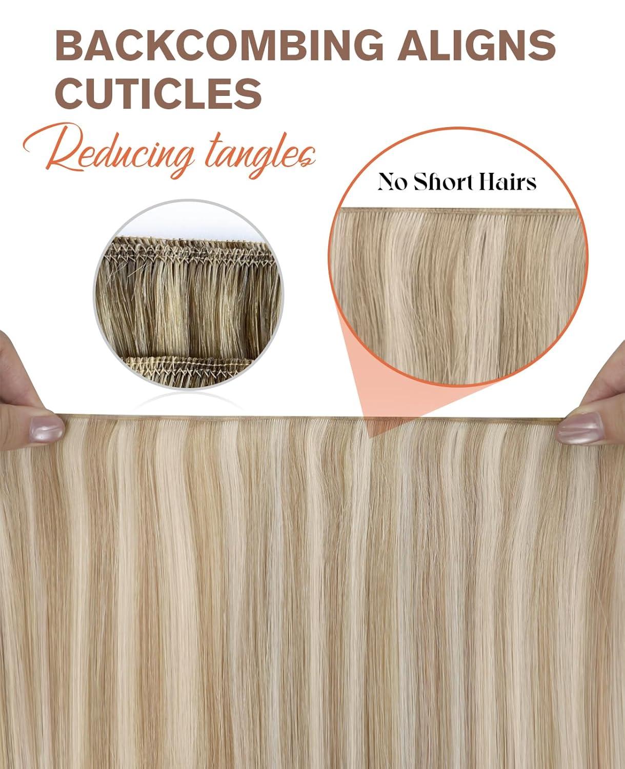 imageSunny Hair Weft Hair Extensions Human Hair 18inch Sew in Hair Extensions Real Human Hair Highlights Human Hair Weft Extensions Dark Brown Mix Caramel Blonde Natural Hair Weft for Women 100gB18613Ash Blonde Highlights