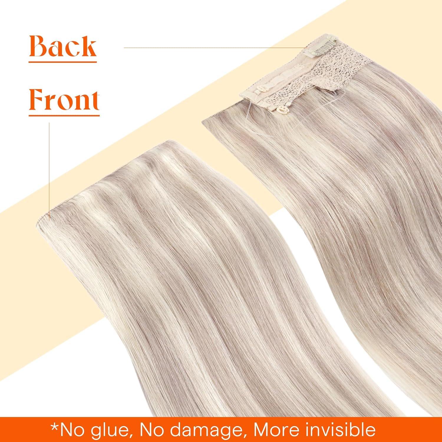 imageSunny Hair Wire Hair Extensions Real Human Hair Fish Line Human Hair Extensions Invisible Wire Extensions Golden Blonde with Medium Blonde Highlights 1622 18 InchB1 18A613A
