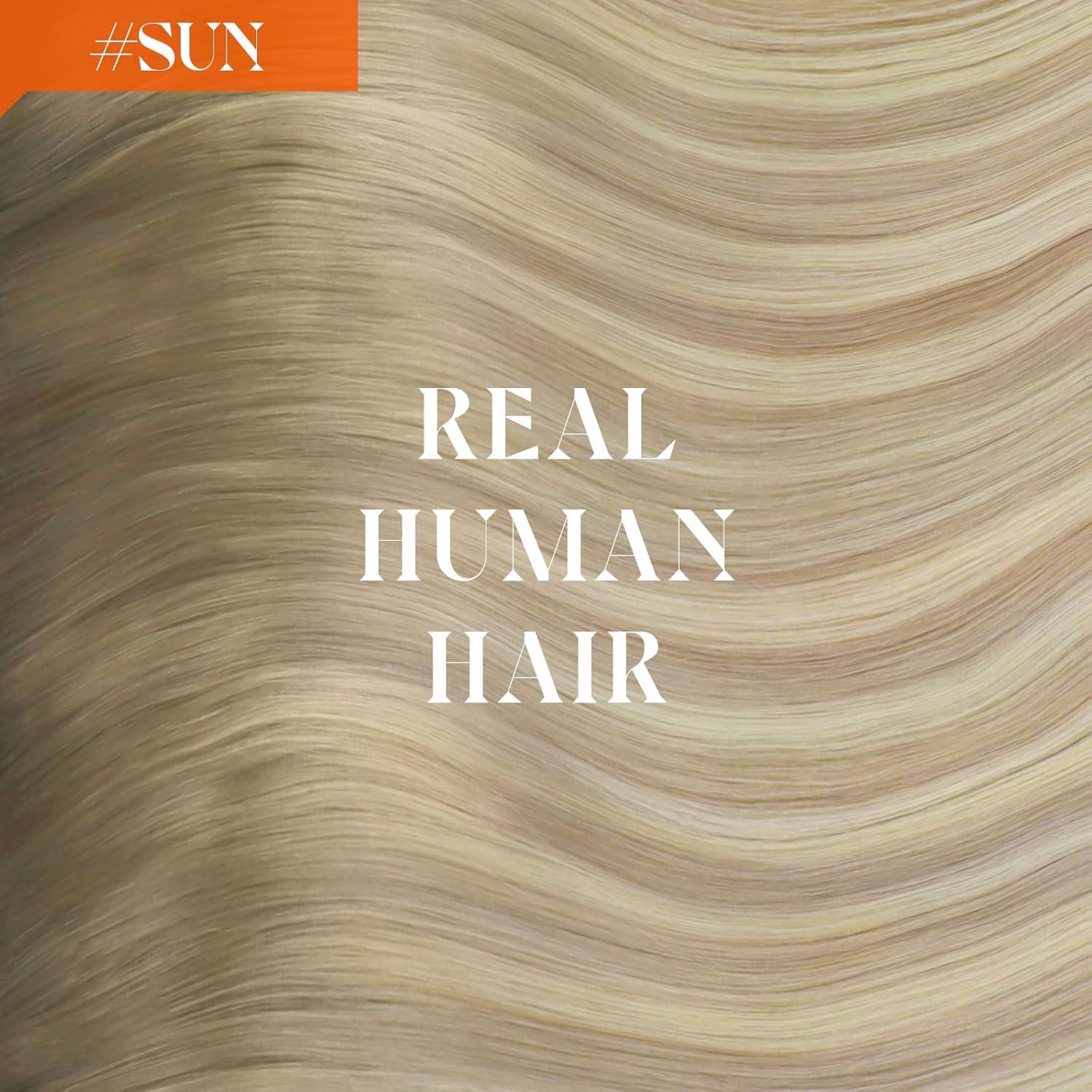 imageSunny Hair Wire Hair Extensions Real Human Hair Fish Line Human Hair Extensions Invisible Wire Extensions Golden Blonde with Medium Blonde Highlights 1622 18 InchC2 186060A