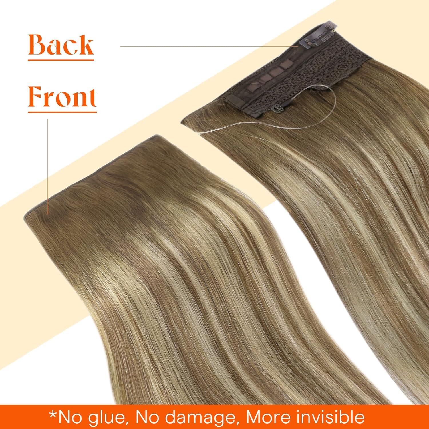 imageSunny Hair Wire Hair Extensions Real Human Hair Fish Line Human Hair Extensions Invisible Wire Extensions Golden Blonde with Medium Blonde Highlights 1622 18 InchC2 8228 New