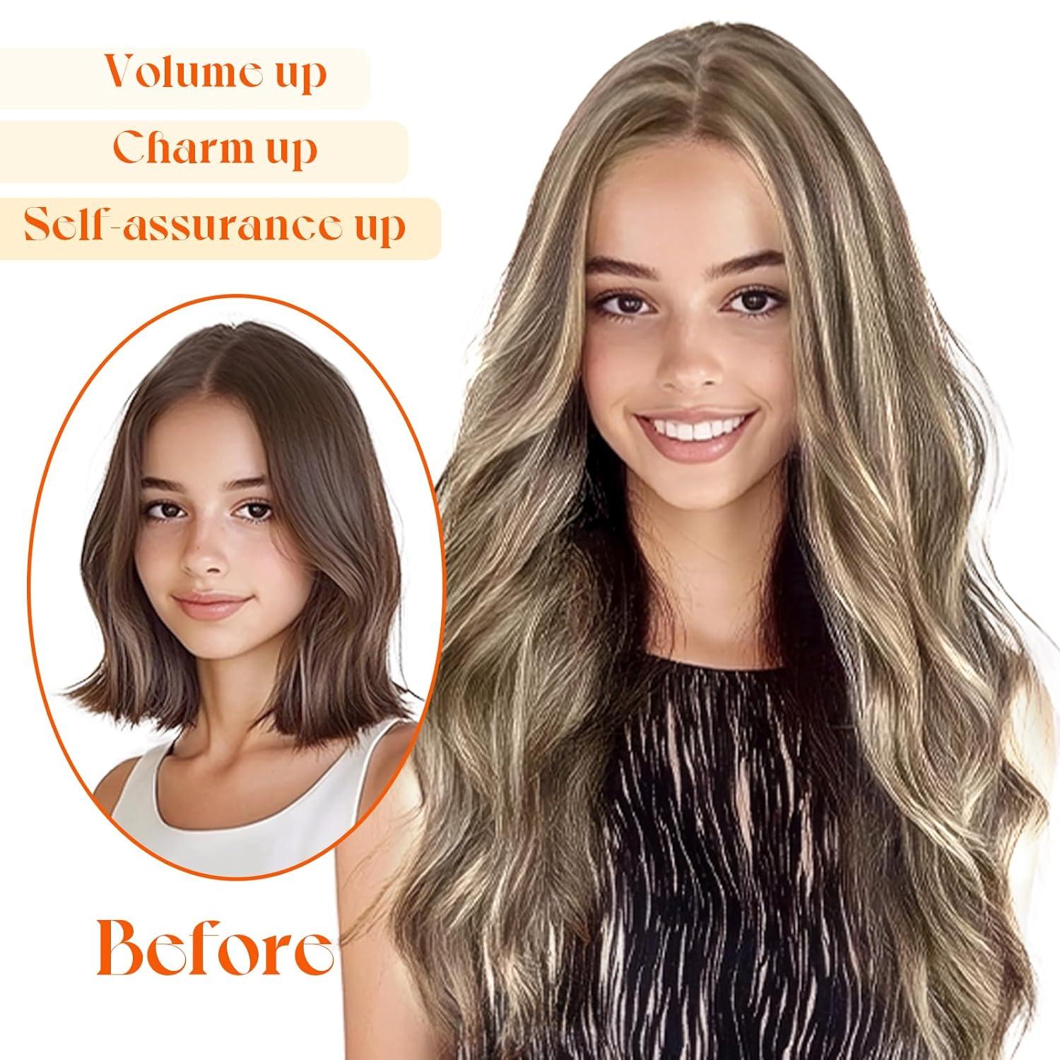 imageSunny Hair Wire Hair Extensions Real Human Hair Fish Line Human Hair Extensions Invisible Wire Extensions Golden Blonde with Medium Blonde Highlights 1622 18 InchC4 P8A60 New