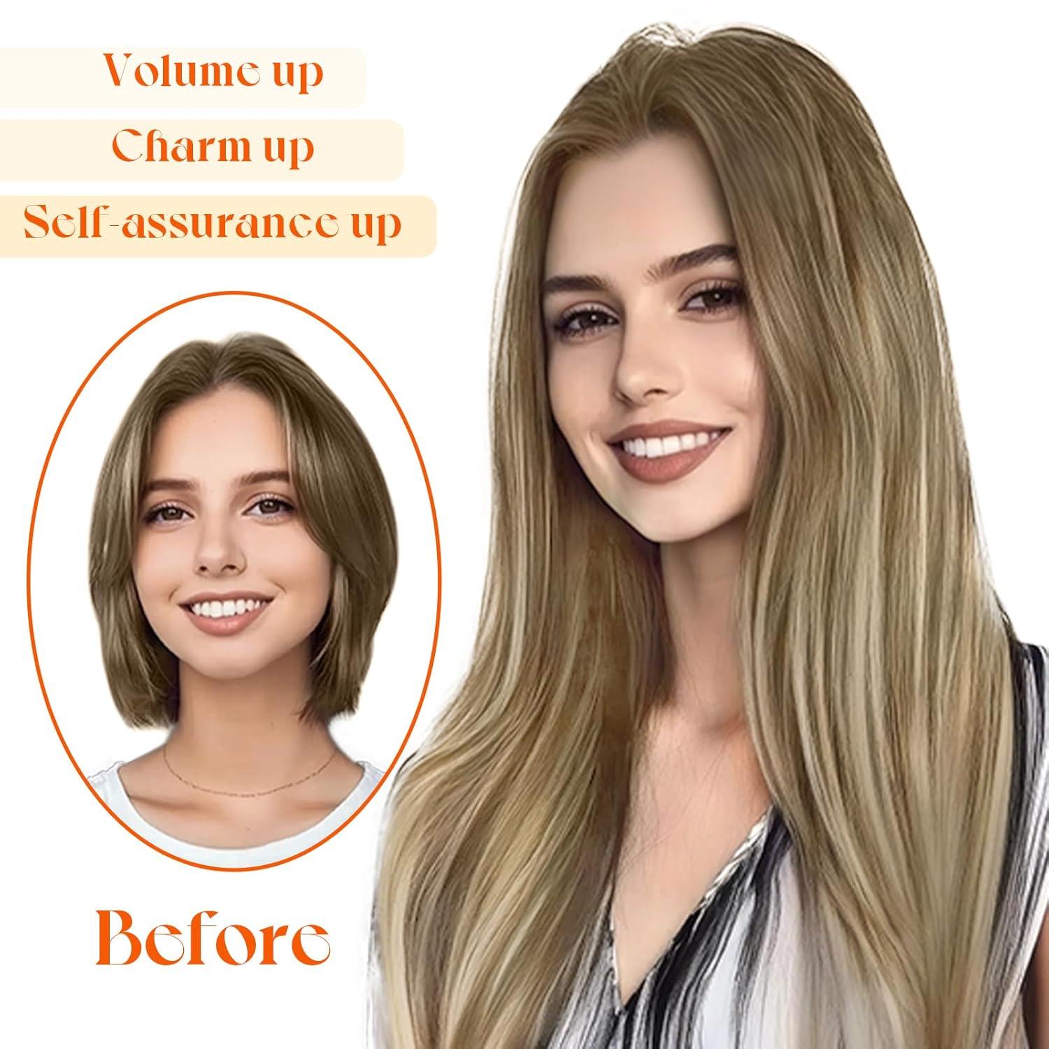 imageSunny Hair Wire Hair Extensions Real Human Hair Fish Line Human Hair Extensions Invisible Wire Extensions Golden Blonde with Medium Blonde Highlights 1622 18 InchC2 8228 New