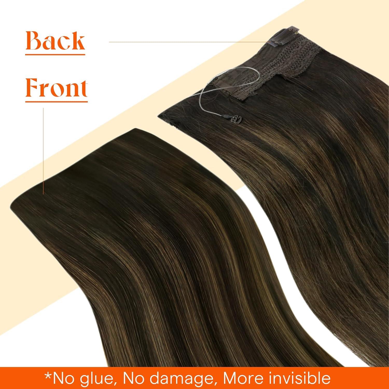 imageSunny Hair Wire Hair Extensions Real Human Hair Fish Line Human Hair Extensions Invisible Wire Extensions Golden Blonde with Medium Blonde Highlights 1622 18 InchB1 262