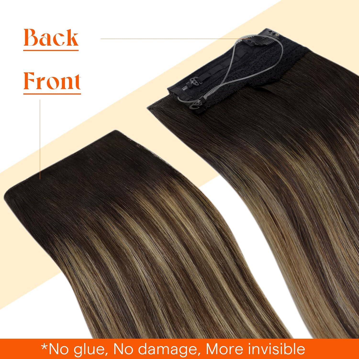 imageSunny Hair Wire Hair Extensions Real Human Hair Fish Line Human Hair Extensions Invisible Wire Extensions Golden Blonde with Medium Blonde Highlights 1622 18 InchC3 1B418 New