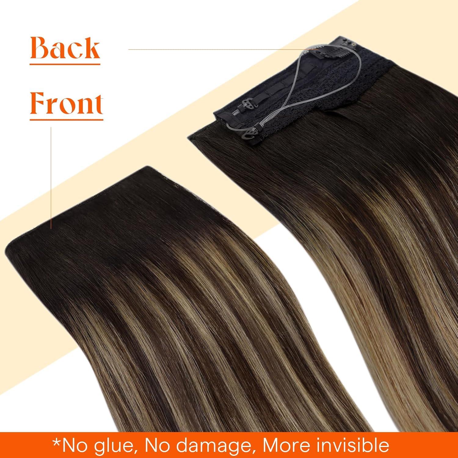 imageSunny Hair Wire Hair Extensions Real Human Hair Fish Line Human Hair Extensions Invisible Wire Extensions Golden Blonde with Medium Blonde Highlights 1622 18 InchC2 1B427