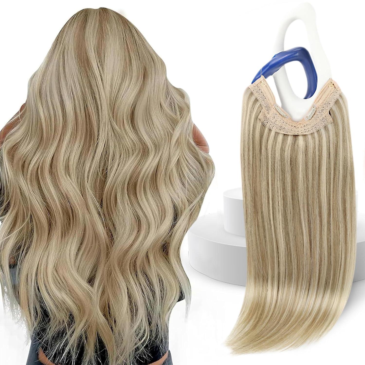 imageSunny Hair Wire Hair Extensions Real Human Hair Fish Line Human Hair Extensions Invisible Wire Extensions Golden Blonde with Medium Blonde Highlights 1622 18 InchA1 1622
