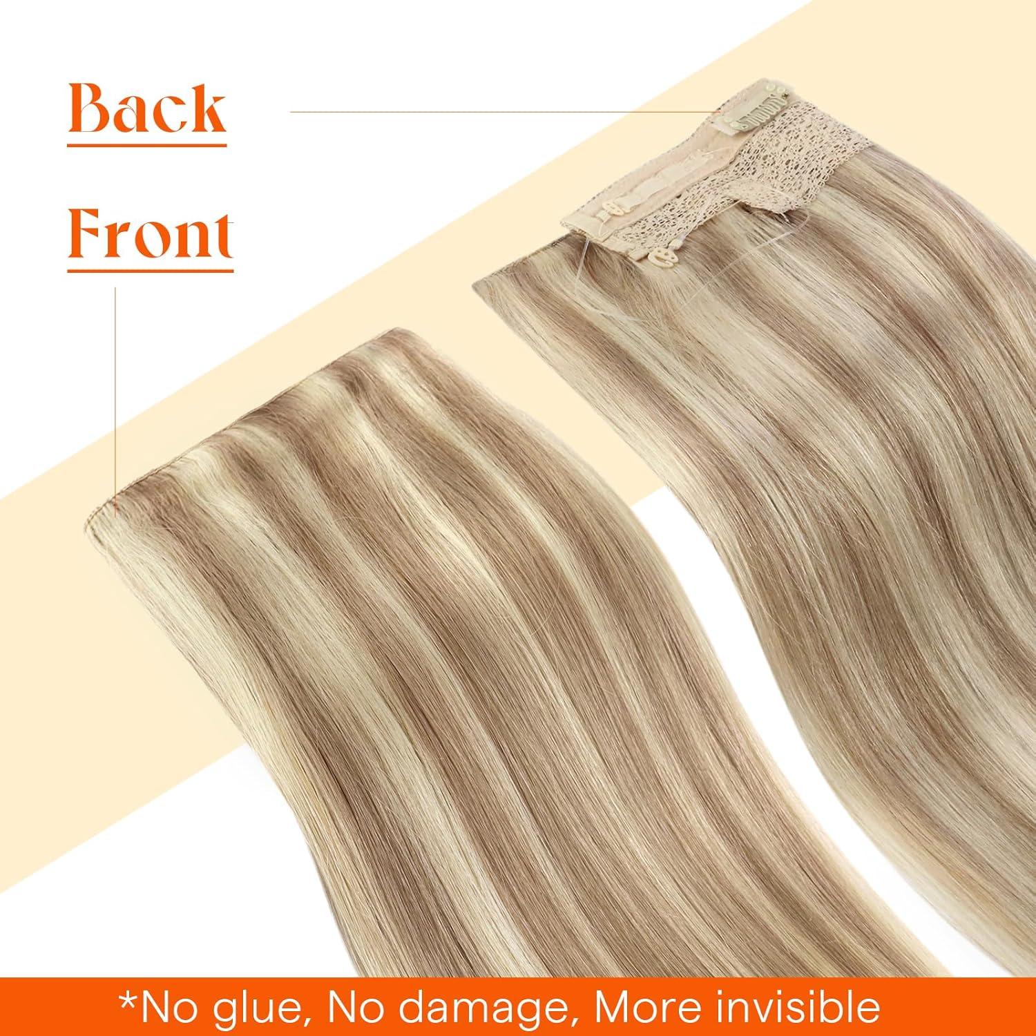 imageSunny Hair Wire Hair Extensions Real Human Hair Fish Line Human Hair Extensions Invisible Wire Extensions Golden Blonde with Medium Blonde Highlights 1622 18 InchB1 18613
