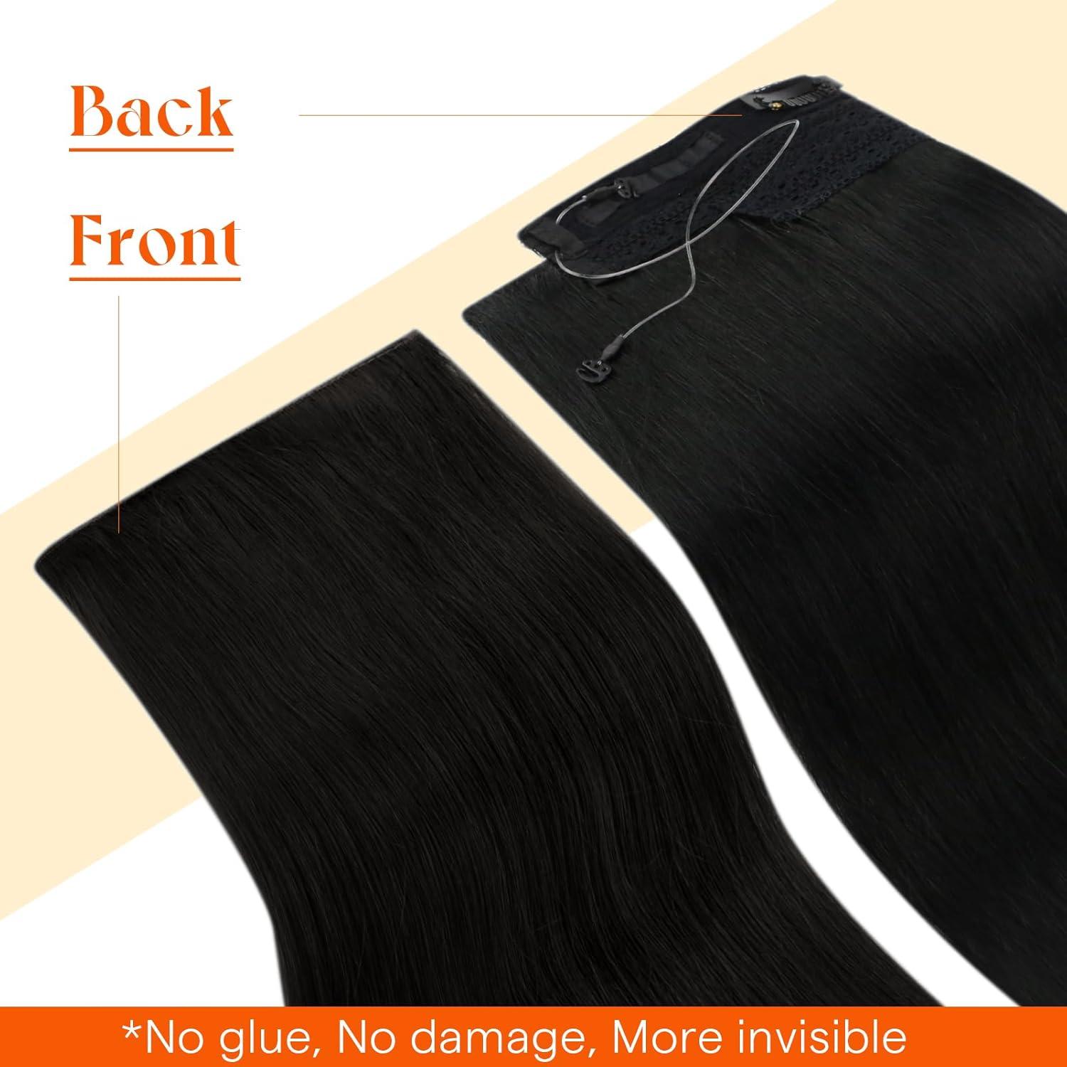 imageSunny Hair Wire Hair Extensions Real Human Hair Fish Line Human Hair Extensions Invisible Wire Extensions Golden Blonde with Medium Blonde Highlights 1622 18 InchB2 1 Jet Black