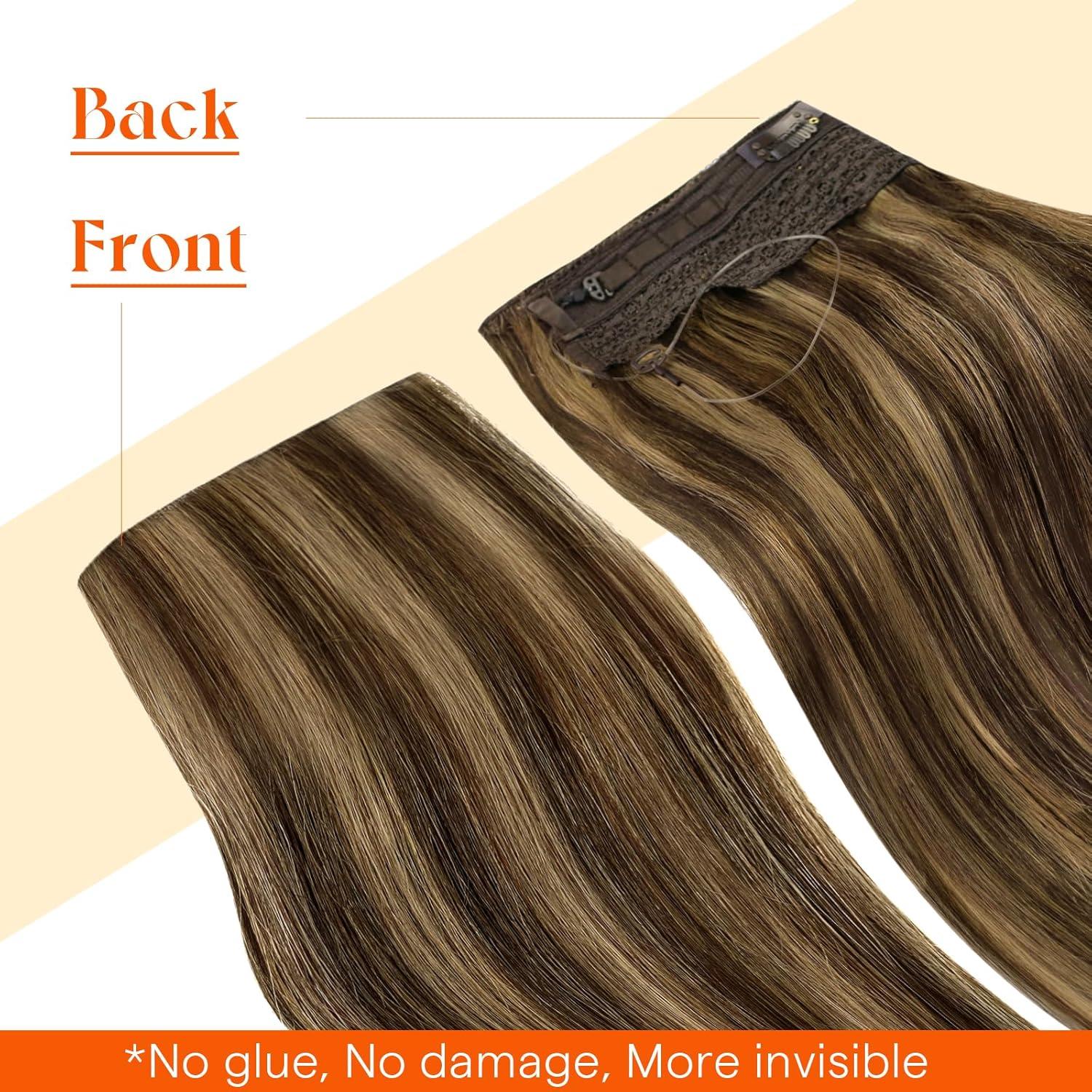 imageSunny Hair Wire Hair Extensions Real Human Hair Fish Line Human Hair Extensions Invisible Wire Extensions Golden Blonde with Medium Blonde Highlights 1622 18 InchB2 P427