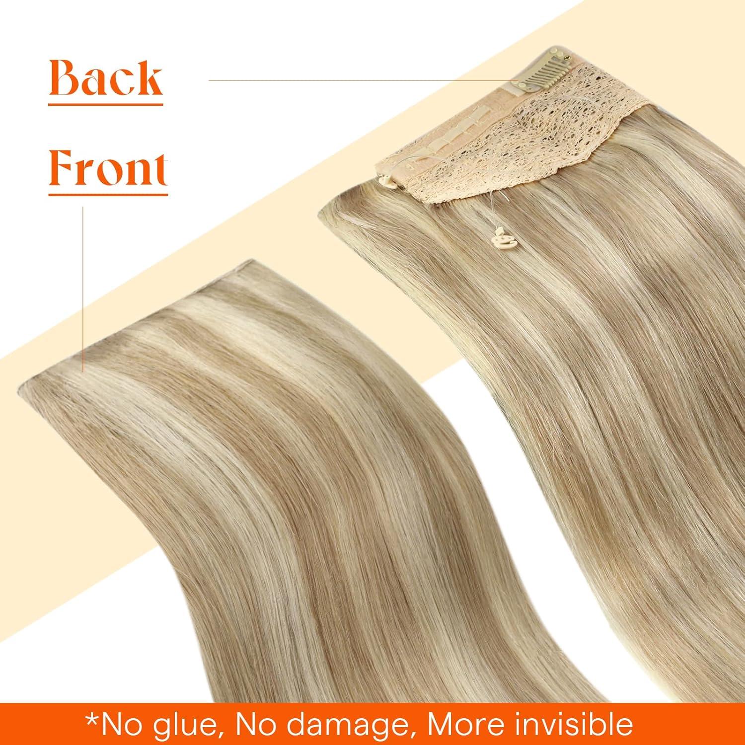 imageSunny Hair Wire Hair Extensions Real Human Hair Fish Line Human Hair Extensions Invisible Wire Extensions Golden Blonde with Medium Blonde Highlights 1622 18 InchA1 1622