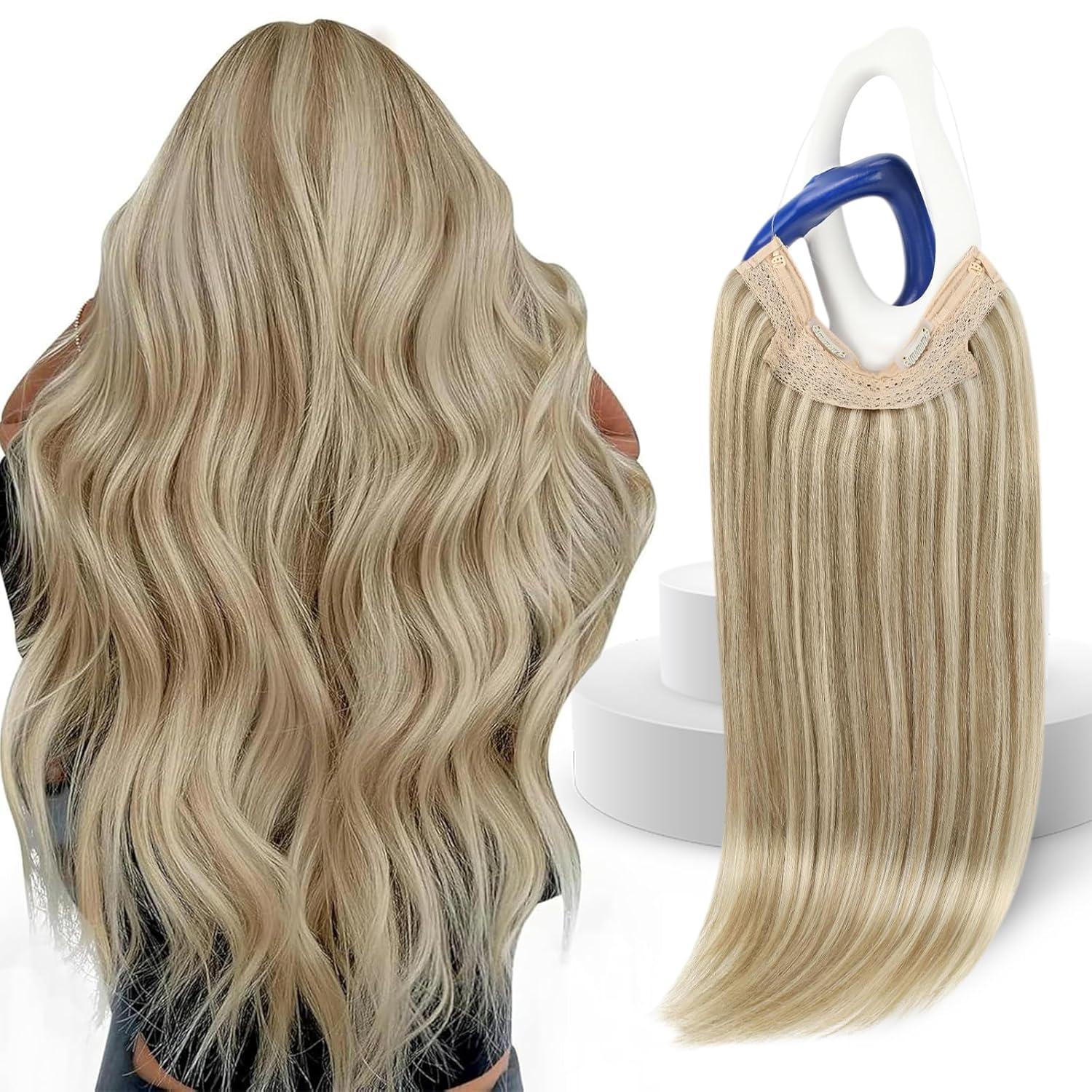 imageSunny Hair Wire Hair Extensions Real Human Hair Fish Line Human Hair Extensions Invisible Wire Extensions Golden Blonde with Medium Blonde Highlights 1622 18 InchA1 1622