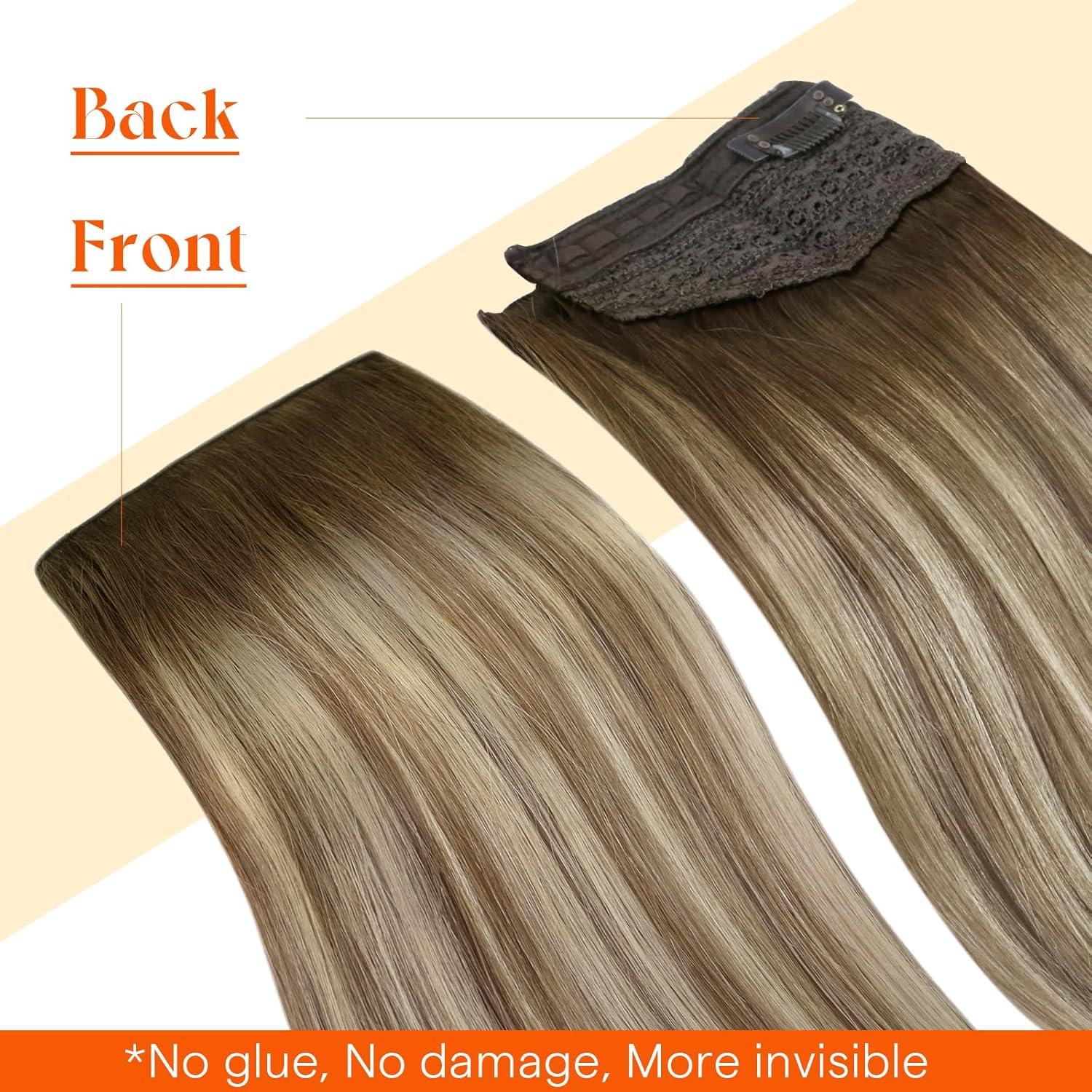 imageSunny Hair Wire Hair Extensions Real Human Hair Fish Line Human Hair Extensions Invisible Wire Extensions Golden Blonde with Medium Blonde Highlights 1622 18 InchB1 3822