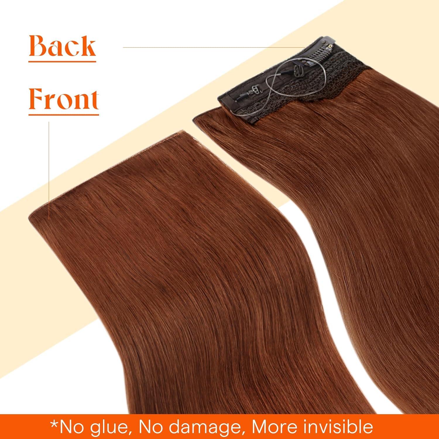 imageSunny Hair Wire Hair Extensions Real Human Hair Fish Line Human Hair Extensions Invisible Wire Extensions Golden Blonde with Medium Blonde Highlights 1622 18 InchC4 30 Light Auburn New