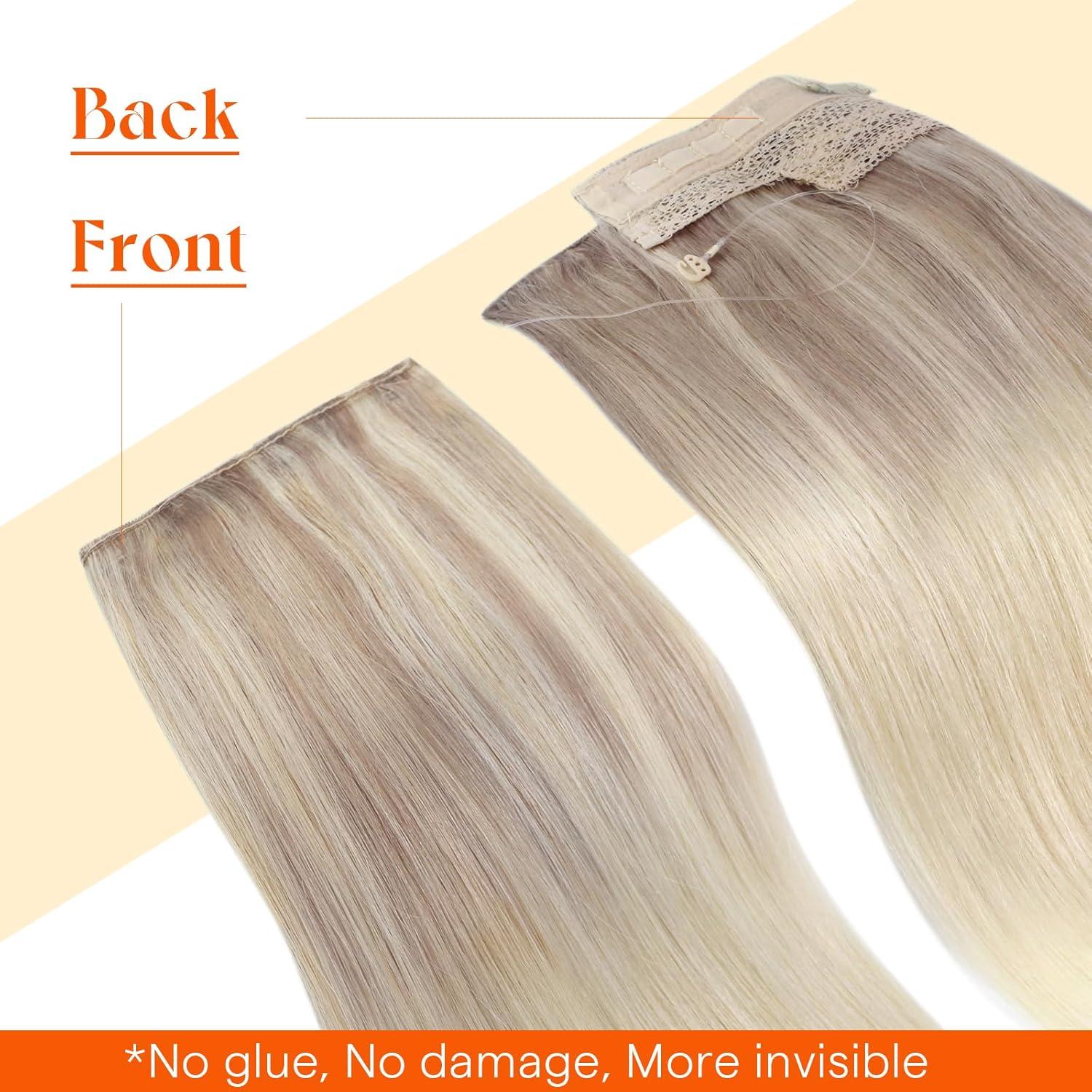 imageSunny Hair Wire Hair Extensions Real Human Hair Fish Line Human Hair Extensions Invisible Wire Extensions Golden Blonde with Medium Blonde Highlights 1622 18 InchC2 182260