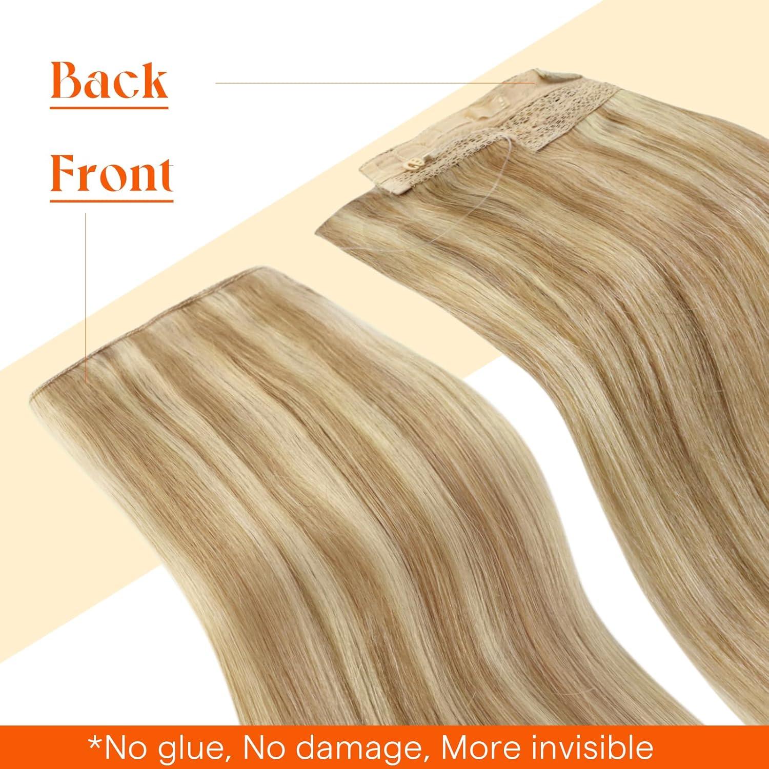 imageSunny Hair Wire Hair Extensions Real Human Hair Fish Line Human Hair Extensions Invisible Wire Extensions Golden Blonde with Medium Blonde Highlights 1622 18 InchA2 27613