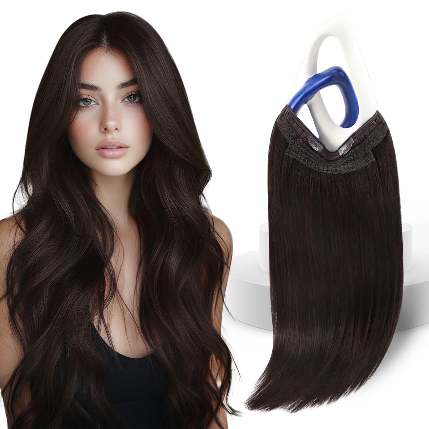 imageSunny Hair Wire Hair Extensions Real Human Hair Fish Line Human Hair Extensions Invisible Wire Extensions Golden Blonde with Medium Blonde Highlights 1622 18 InchC4 1C Mocha Brown New