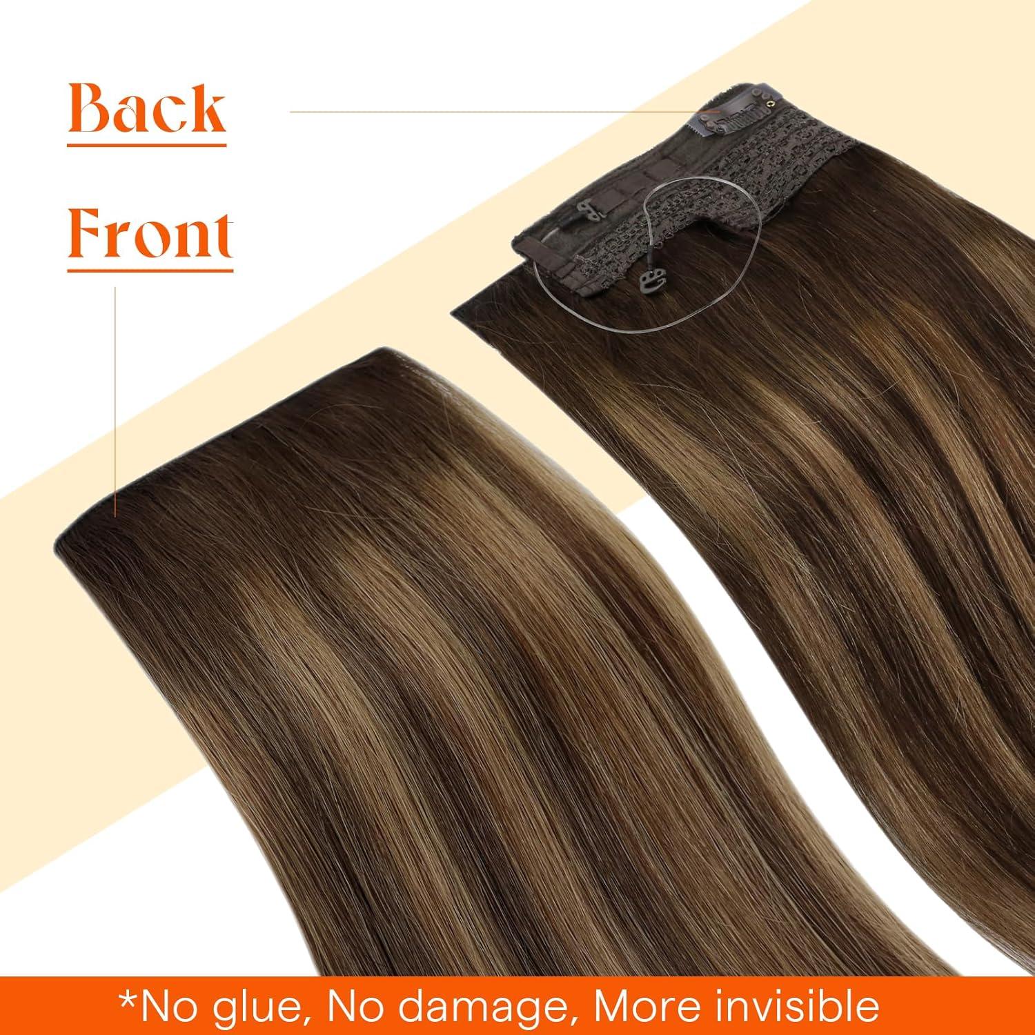 imageSunny Hair Wire Hair Extensions Real Human Hair Fish Line Human Hair Extensions Invisible Wire Extensions Golden Blonde with Medium Blonde Highlights 1622 18 InchA1 4274