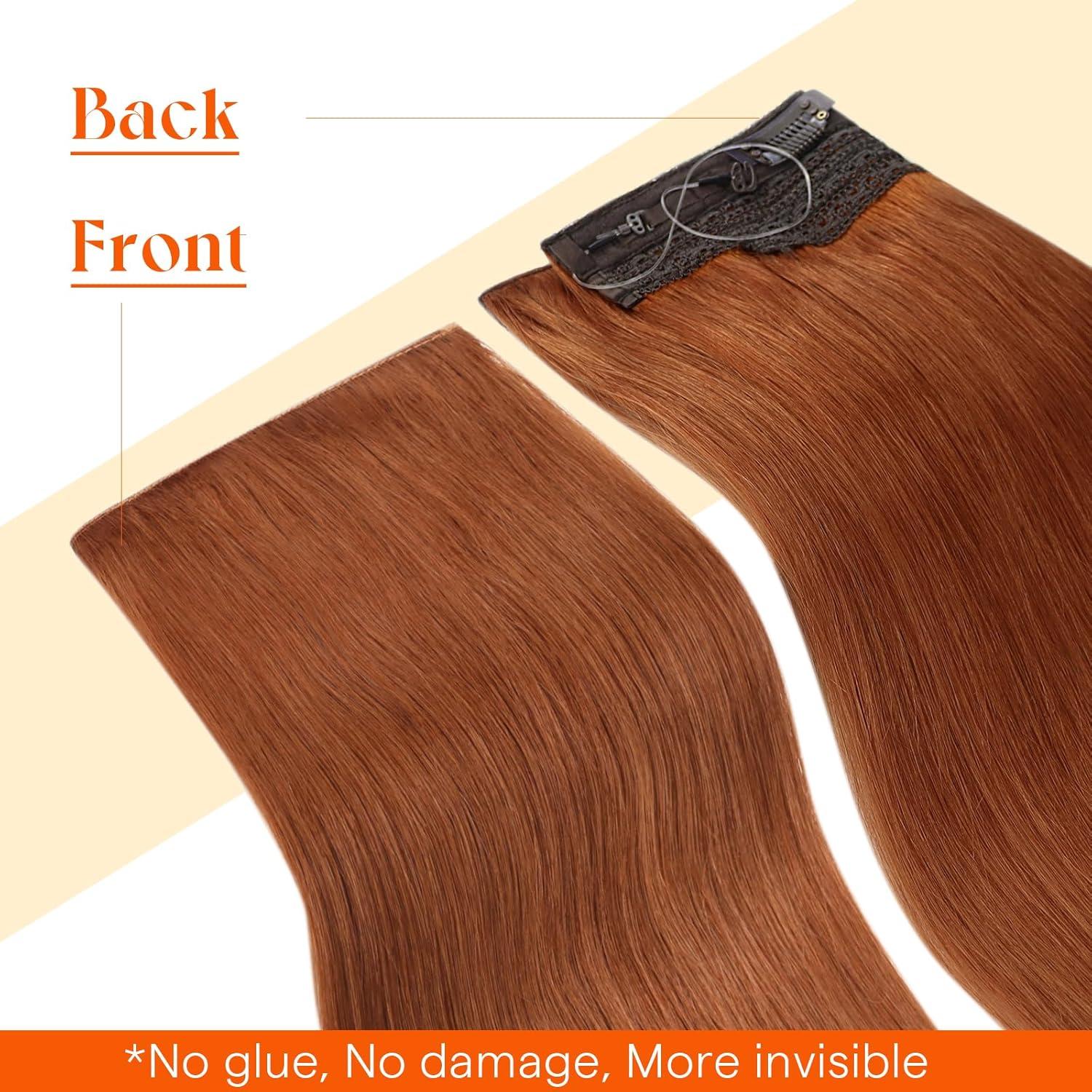 imageSunny Hair Wire Hair Extensions Real Human Hair Fish Line Human Hair Extensions Invisible Wire Extensions Golden Blonde with Medium Blonde Highlights 1622 18 InchB4 350 Copper
