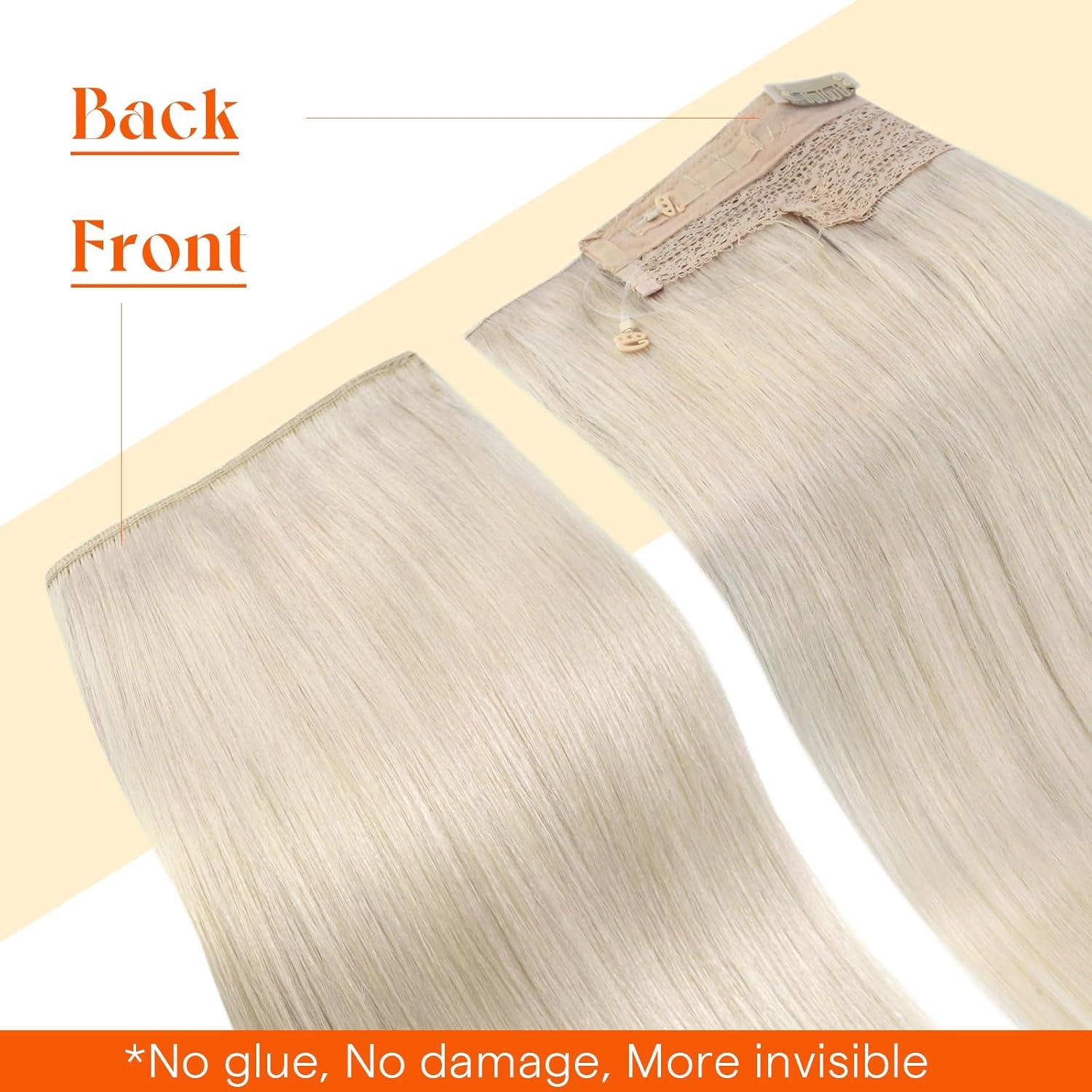 imageSunny Hair Wire Hair Extensions Real Human Hair Fish Line Human Hair Extensions Invisible Wire Extensions Golden Blonde with Medium Blonde Highlights 1622 18 InchB3 60 Blonde