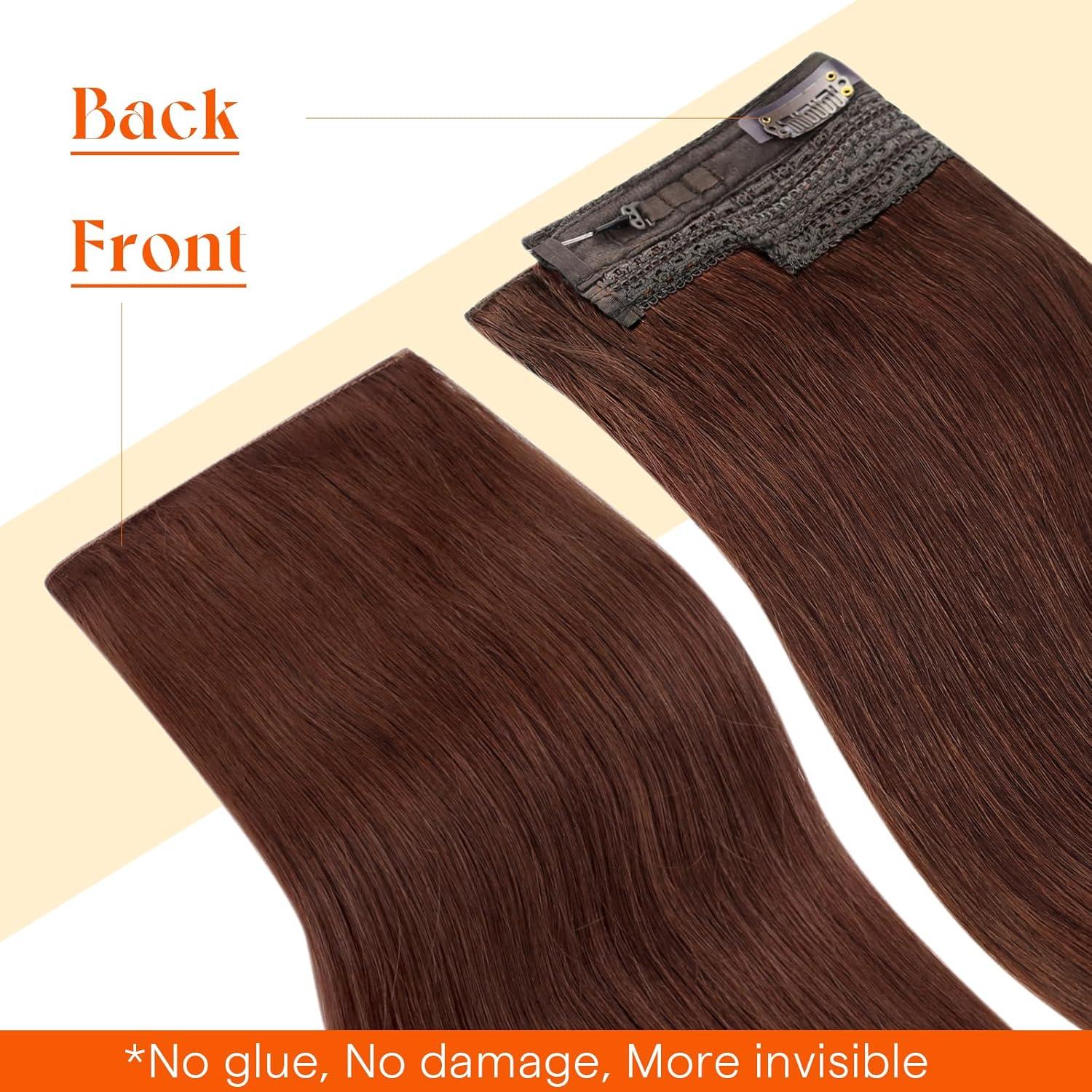 imageSunny Hair Wire Hair Extensions Real Human Hair Fish Line Human Hair Extensions Invisible Wire Extensions Golden Blonde with Medium Blonde Highlights 1622 18 InchB4 33 Auburn