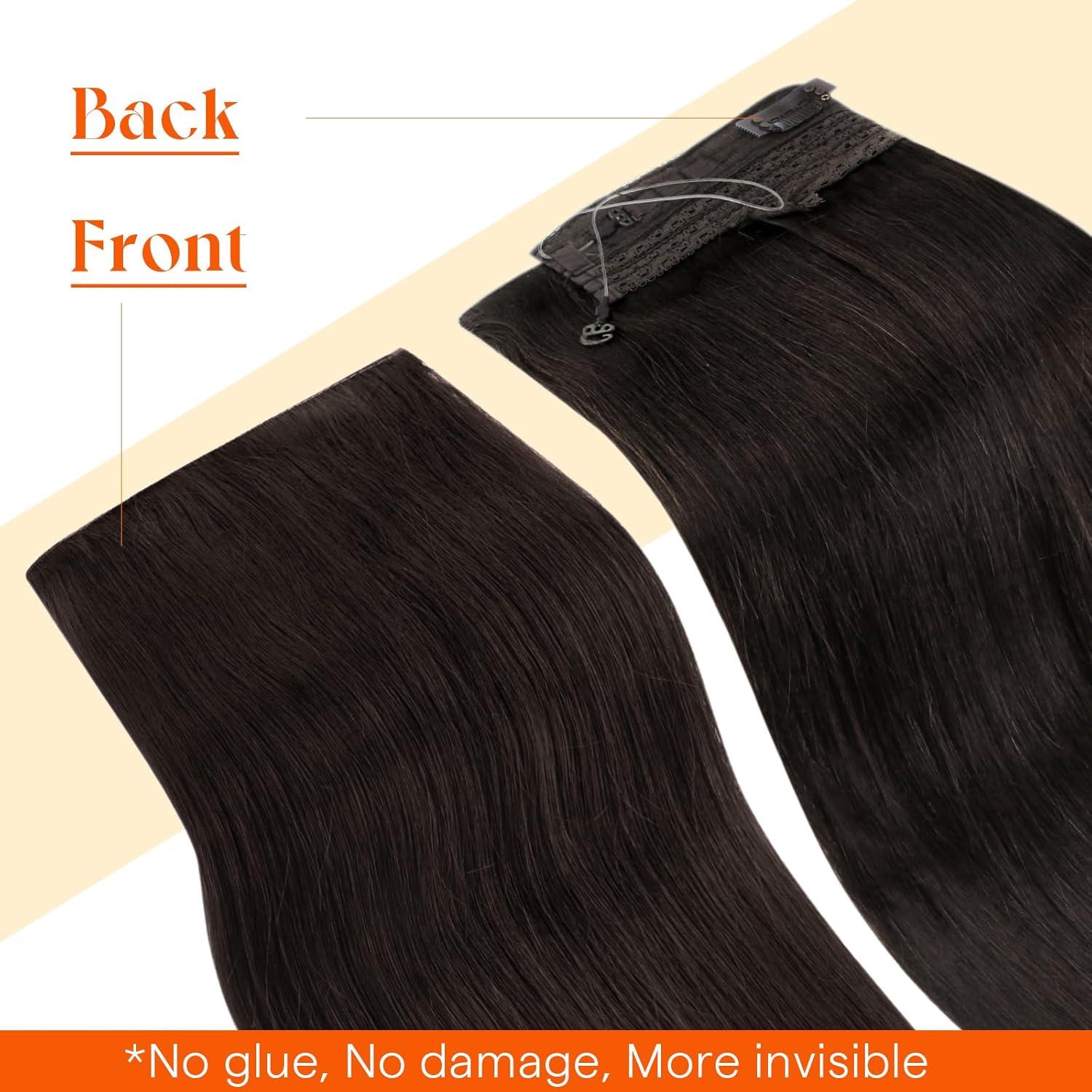 imageSunny Hair Wire Hair Extensions Real Human Hair Fish Line Human Hair Extensions Invisible Wire Extensions Golden Blonde with Medium Blonde Highlights 1622 18 InchB2 2 Darkest Brown