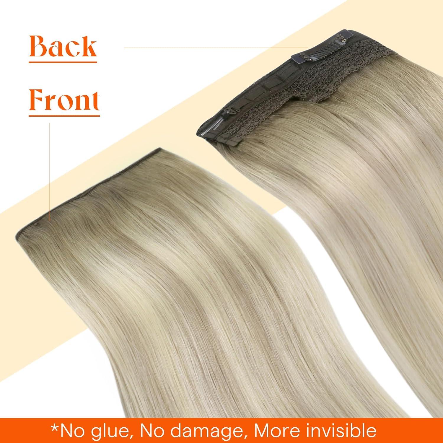 imageSunny Hair Wire Hair Extensions Real Human Hair Fish Line Human Hair Extensions Invisible Wire Extensions Golden Blonde with Medium Blonde Highlights 1622 18 InchC2 186060A