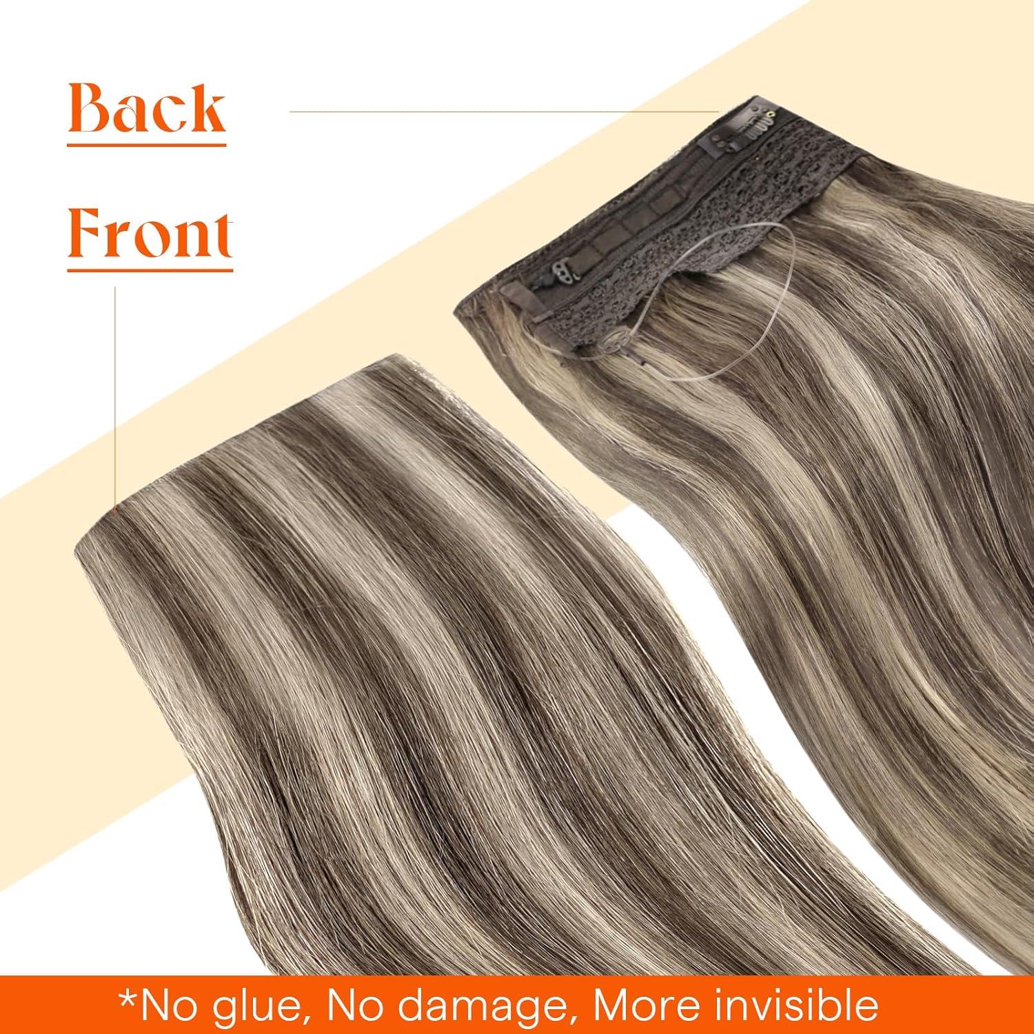 imageSunny Hair Wire Hair Extensions Real Human Hair Fish Line Human Hair Extensions Invisible Wire Extensions Golden Blonde with Medium Blonde Highlights 1622 18 InchC4 P8A60 New