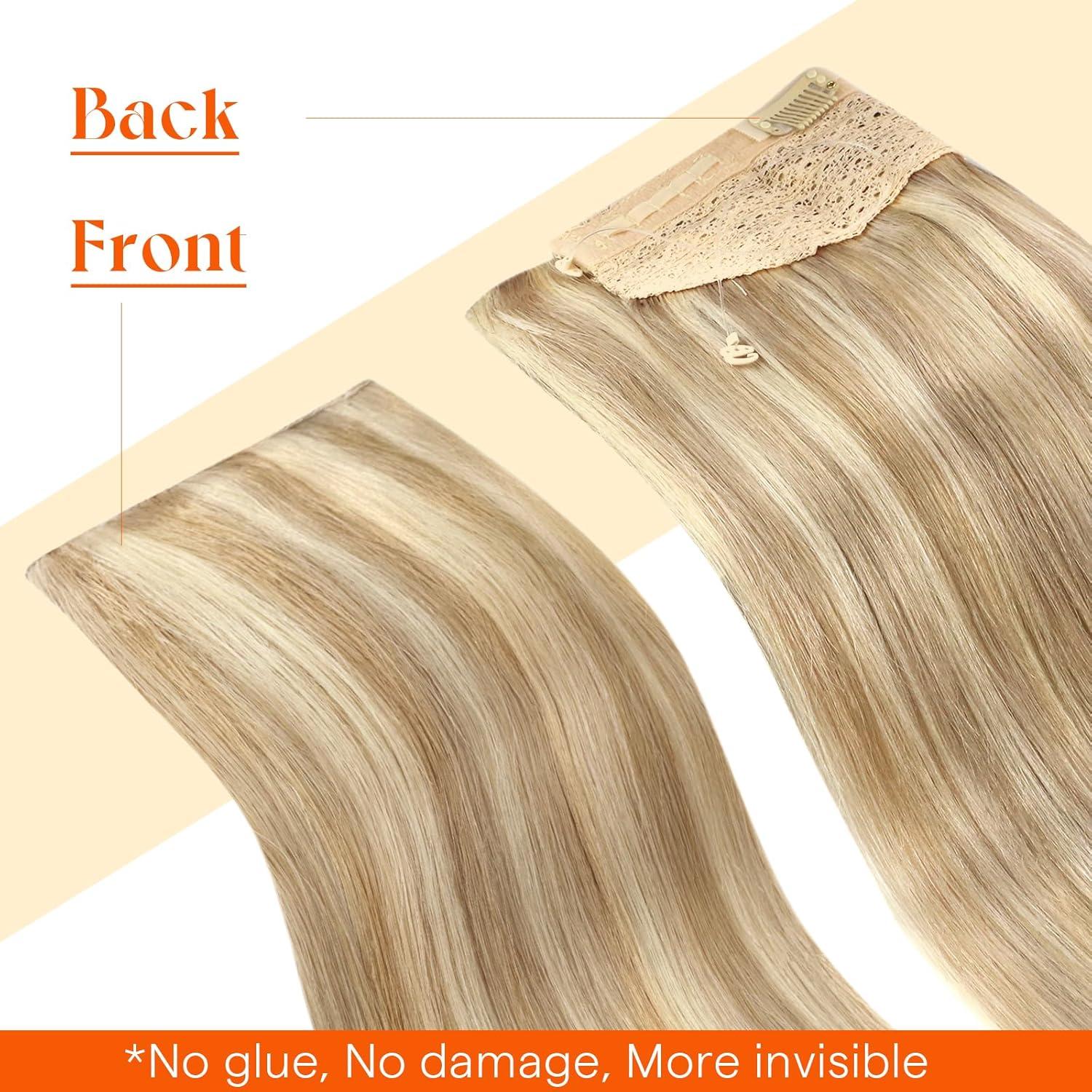 imageSunny Hair Wire Hair Extensions Real Human Hair Fish Line Human Hair Extensions Invisible Wire Extensions Golden Blonde with Medium Blonde Highlights 1622 18 InchC1 P1060