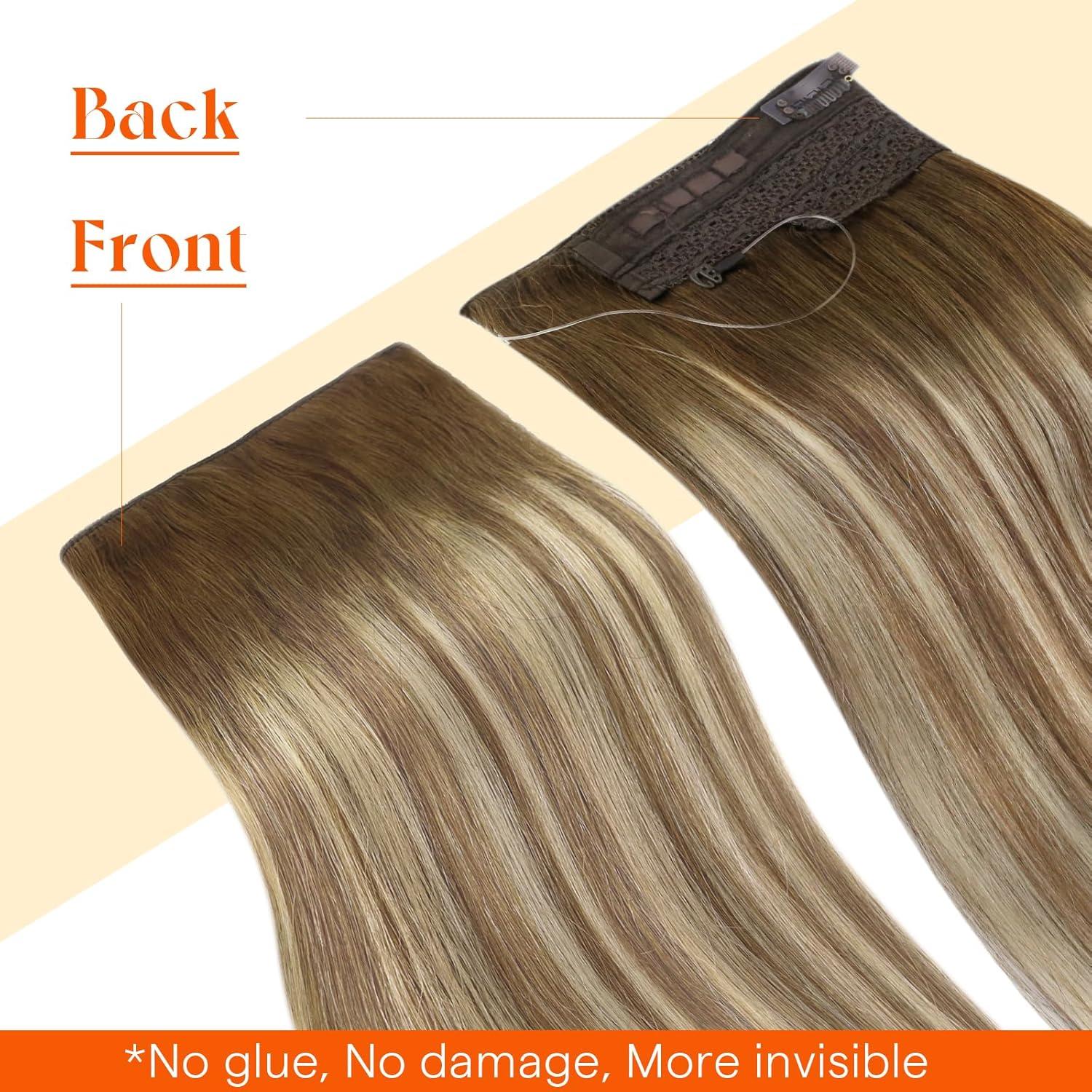 imageSunny Hair Wire Hair Extensions Real Human Hair Fish Line Human Hair Extensions Invisible Wire Extensions Golden Blonde with Medium Blonde Highlights 1622 18 InchB1 6606