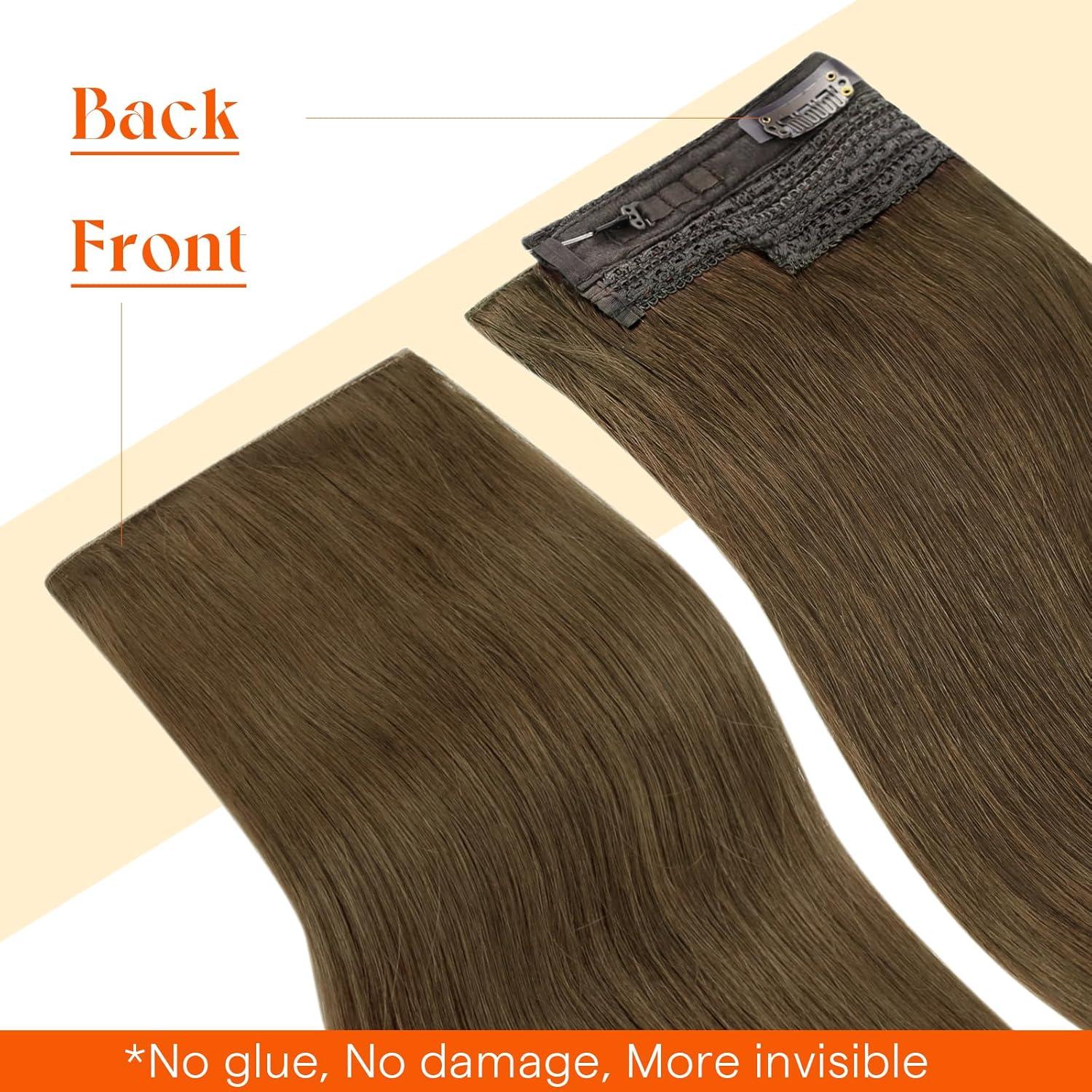 imageSunny Hair Wire Hair Extensions Real Human Hair Fish Line Human Hair Extensions Invisible Wire Extensions Golden Blonde with Medium Blonde Highlights 1622 18 InchC3 3 Cool Brown New