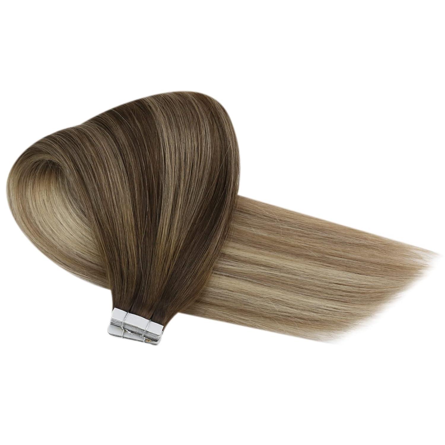 imageVe Sunny Tape in Real Human Hair Extensions Invisible Hair Extensions Remy Tape in Extensions for Women Dark Brown Balayage Dark Golden Blonde Highlight Platinum Blonde 18 inch 10Pcs 25G