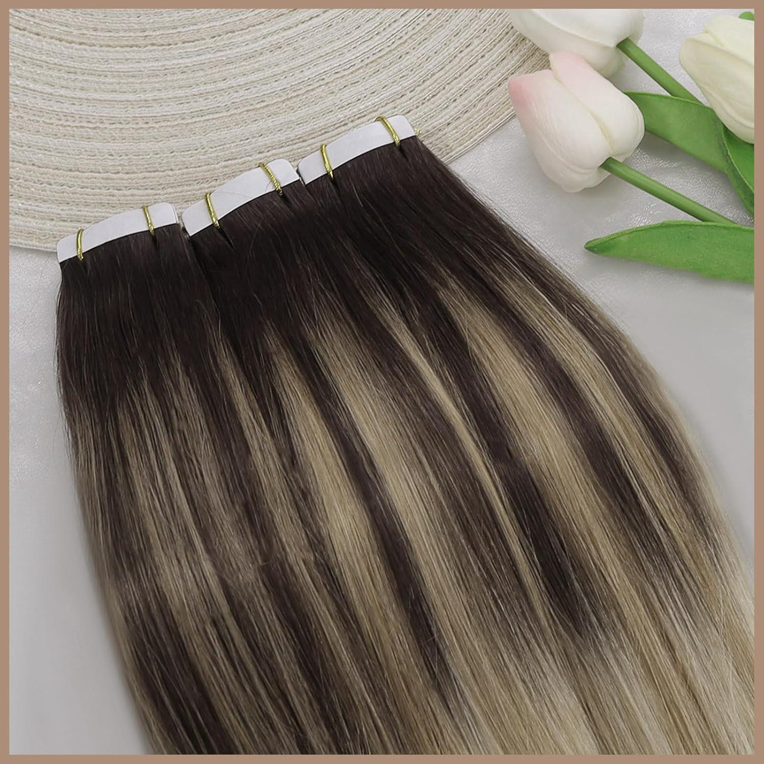 imageVe Sunny Tape in Real Human Hair Extensions Invisible Hair Extensions Remy Tape in Extensions for Women Dark Brown Balayage Dark Golden Blonde Highlight Platinum Blonde 18 inch 10Pcs 25G