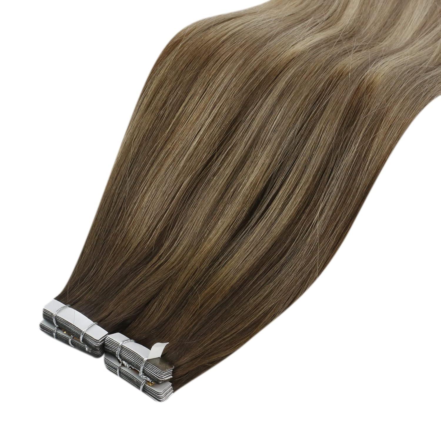 imageVe Sunny Tape in Real Human Hair Extensions Invisible Hair Extensions Remy Tape in Extensions for Women Dark Brown Balayage Dark Golden Blonde Highlight Platinum Blonde 18 inch 10Pcs 25G