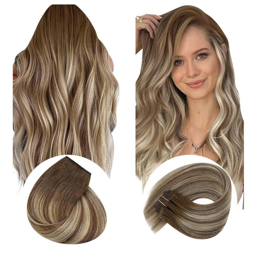 imageSunny Clip in Hair Extensions Brown Balayage Real Human Hair Fish Line Hair Extensions 6606 200g Full Head 16inch18inch