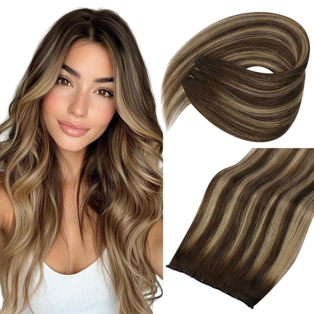 imageSunny Hair Micro Bead Weft Extensions Real Human Hair Ash Blond MicroBeaded Weft Human Hair Extensions Blonde Highlights Bleach Blonde Real Human Hair for Women 20inch 50gB4427Chocolate Brown Balayage Caramel Blonde
